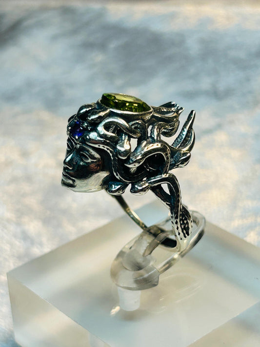 925 Silver Medusa Ring: Amethyst & Peridot Gemstones, Adjustable Size R