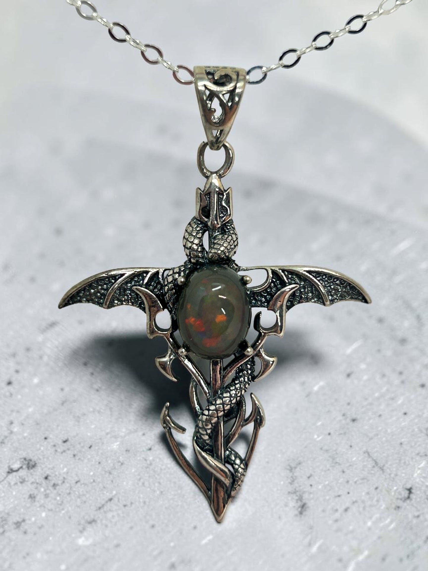 Dragon Cross Pendant with Black Opal Gemstone • 925 Sterling Silver • Gift box