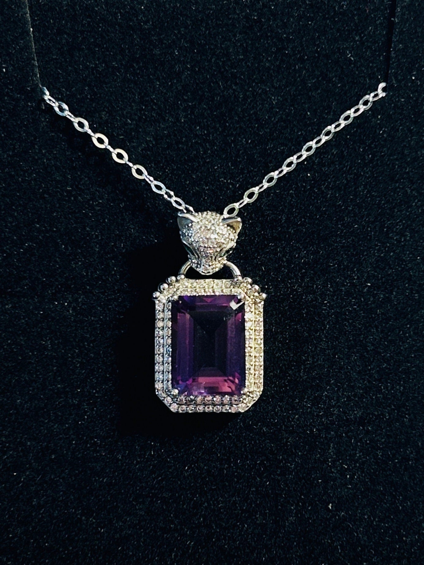 Crystal Encrusted Leopard Pendant with Amethyst Gemstone • 925 Sterling Silver • CZ Accents • Gift Box