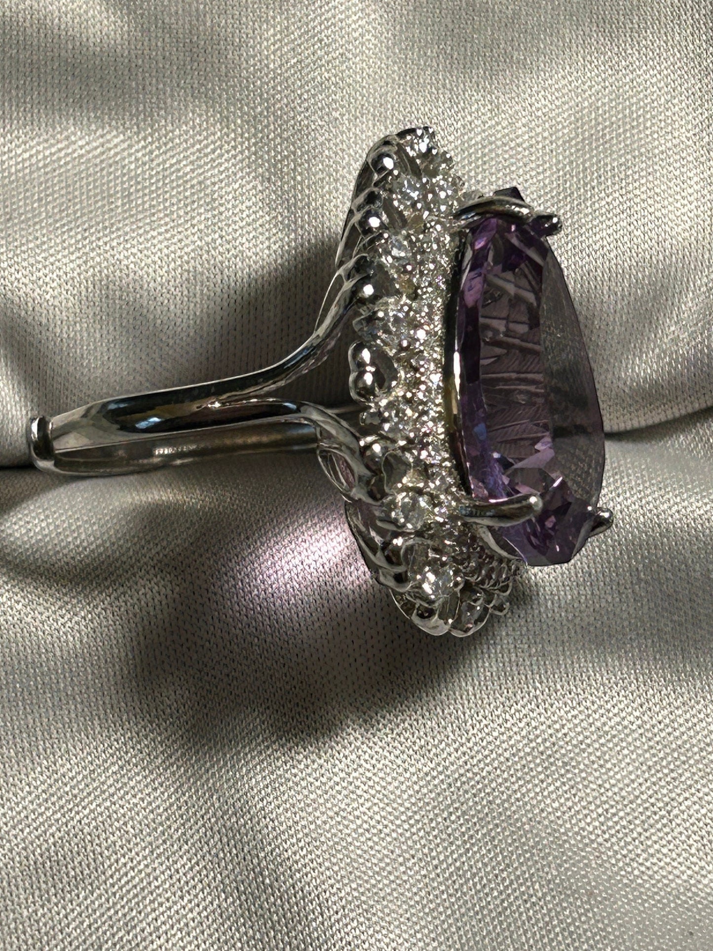 Huge Amethyst Teardrop Ring with CZ Accents • 925 Sterling Silver • Adjustable • Gift Box