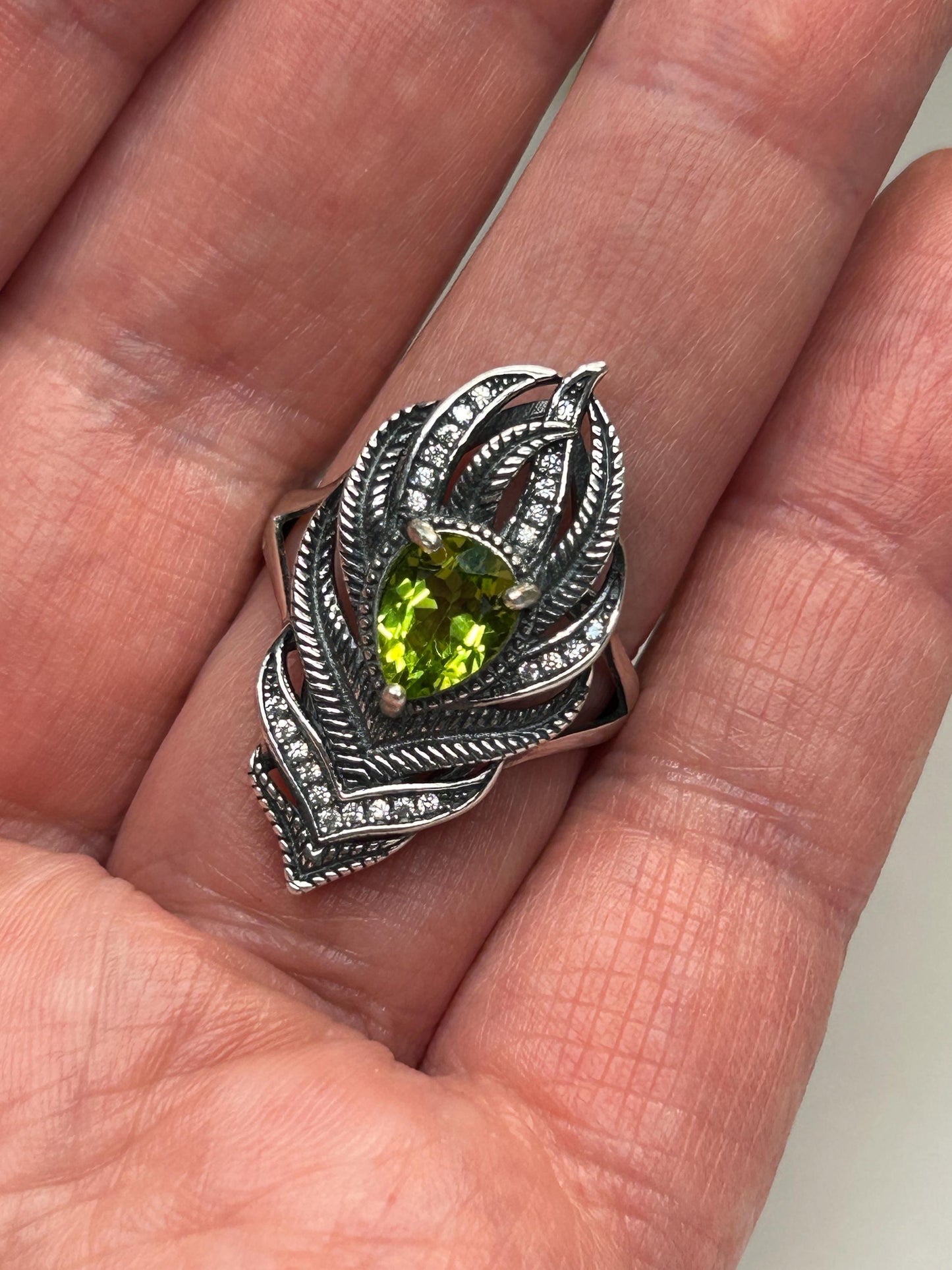 925 Silver Feather Ring • Peacock Feather with Peridot Gemstone • CZ Accents • Adjustable • Giftbox