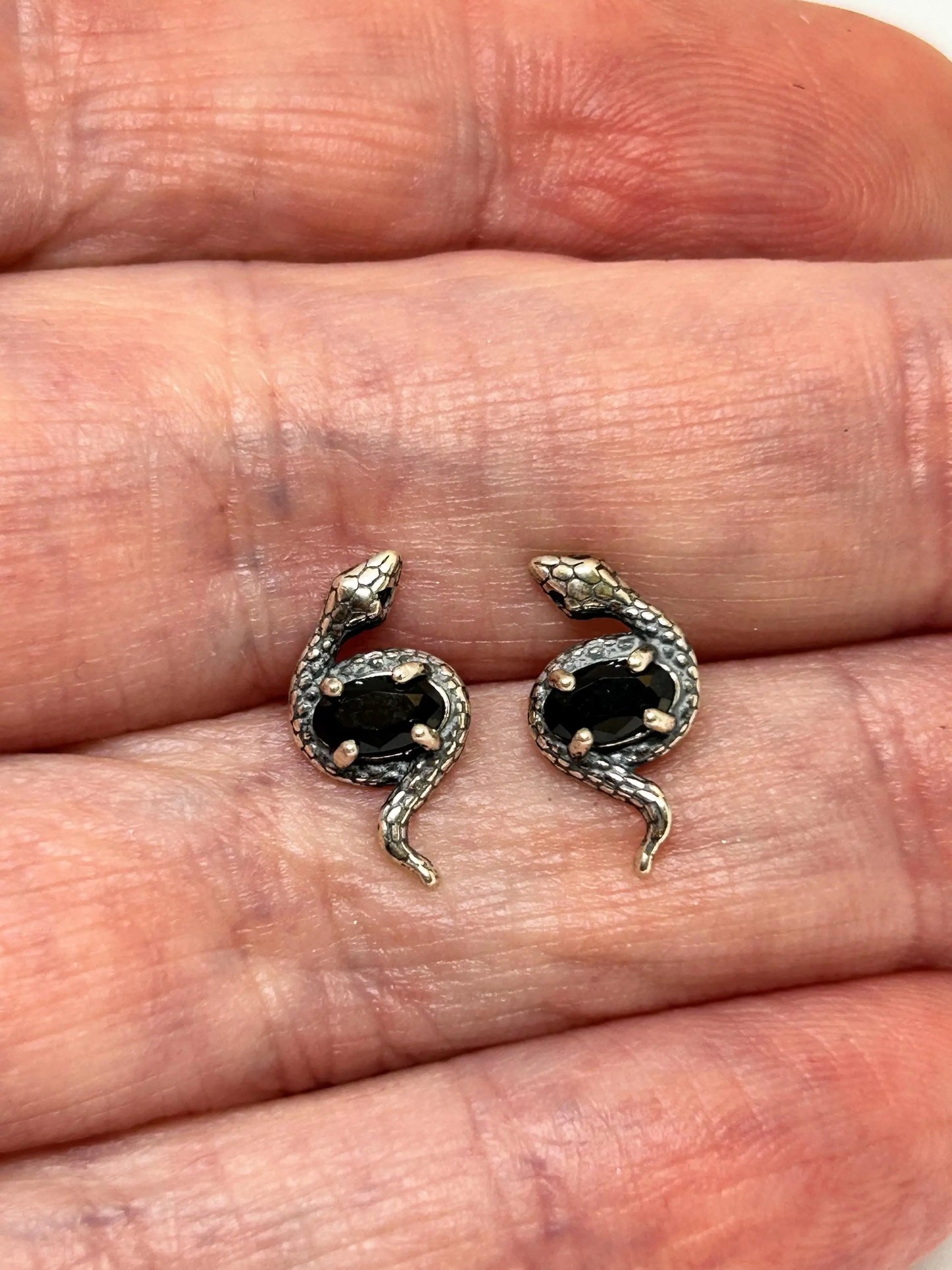 Snake Stud Earrings with Black Spinel Gemstone • 925 Sterling Silver • Gift Box Celtic Dragon Jewellery