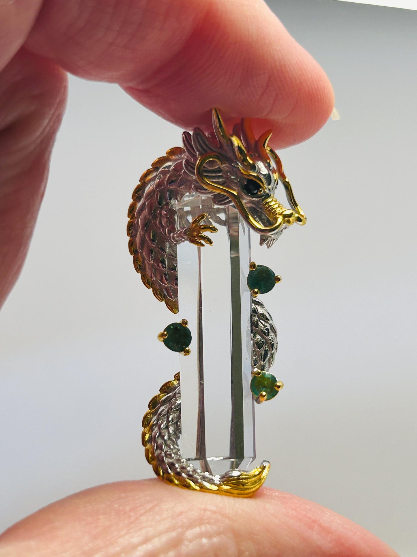 Sterling Silver Dragon Pendant | 925 Necklace | Clear Quartz Crystal Point Jewellery | Gift Boxed