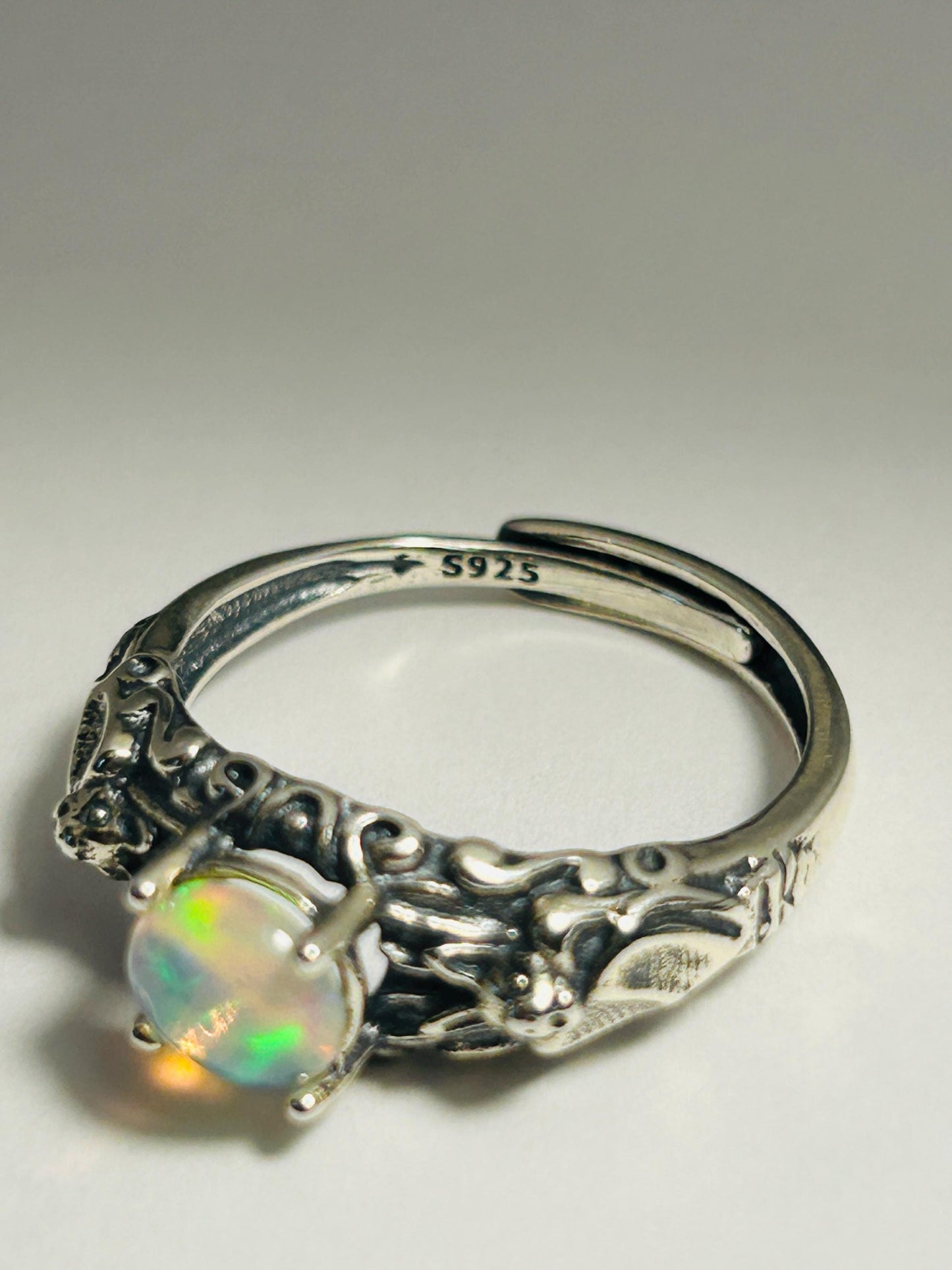 Bat Ring With Opal Gemstone - 925 Sterling Silver - Adjustable - Gift Boxed