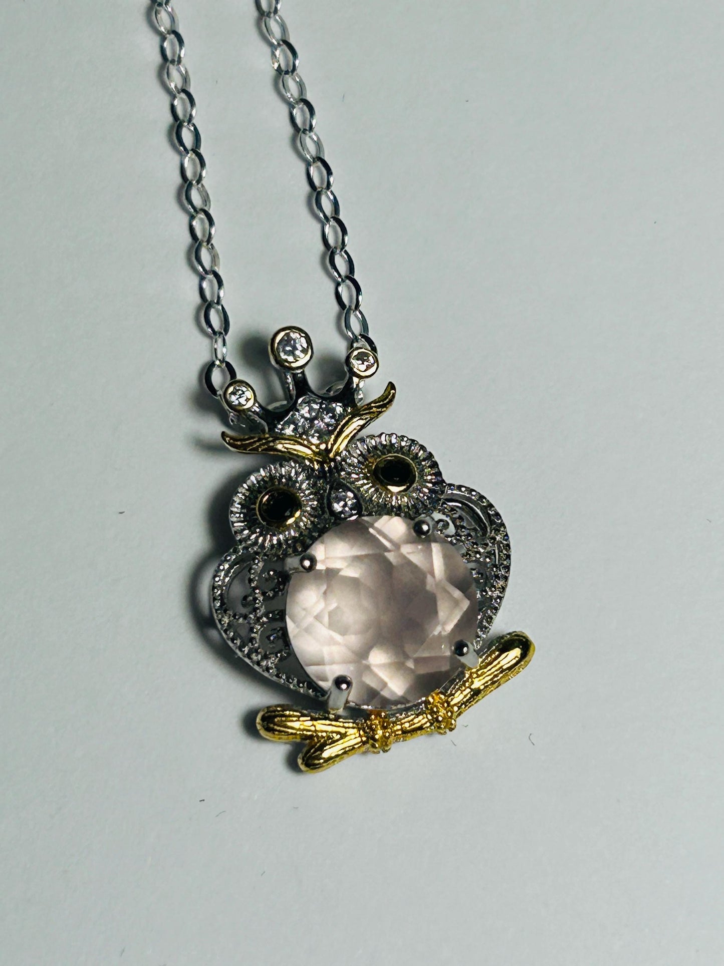 Owl Pendant with Rose Quartz Gemstone • 925 Sterling Silver • Gift Box