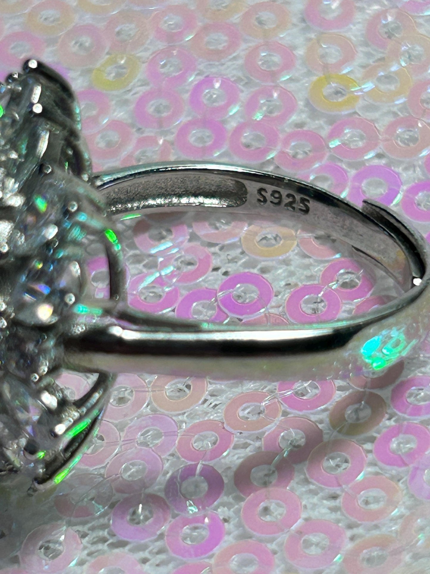 Large Marquise Stone Ring with Faceted Amethyst Gemstone & CZ Halo • 925 Sterling Silver • Adjustable • Gift Box