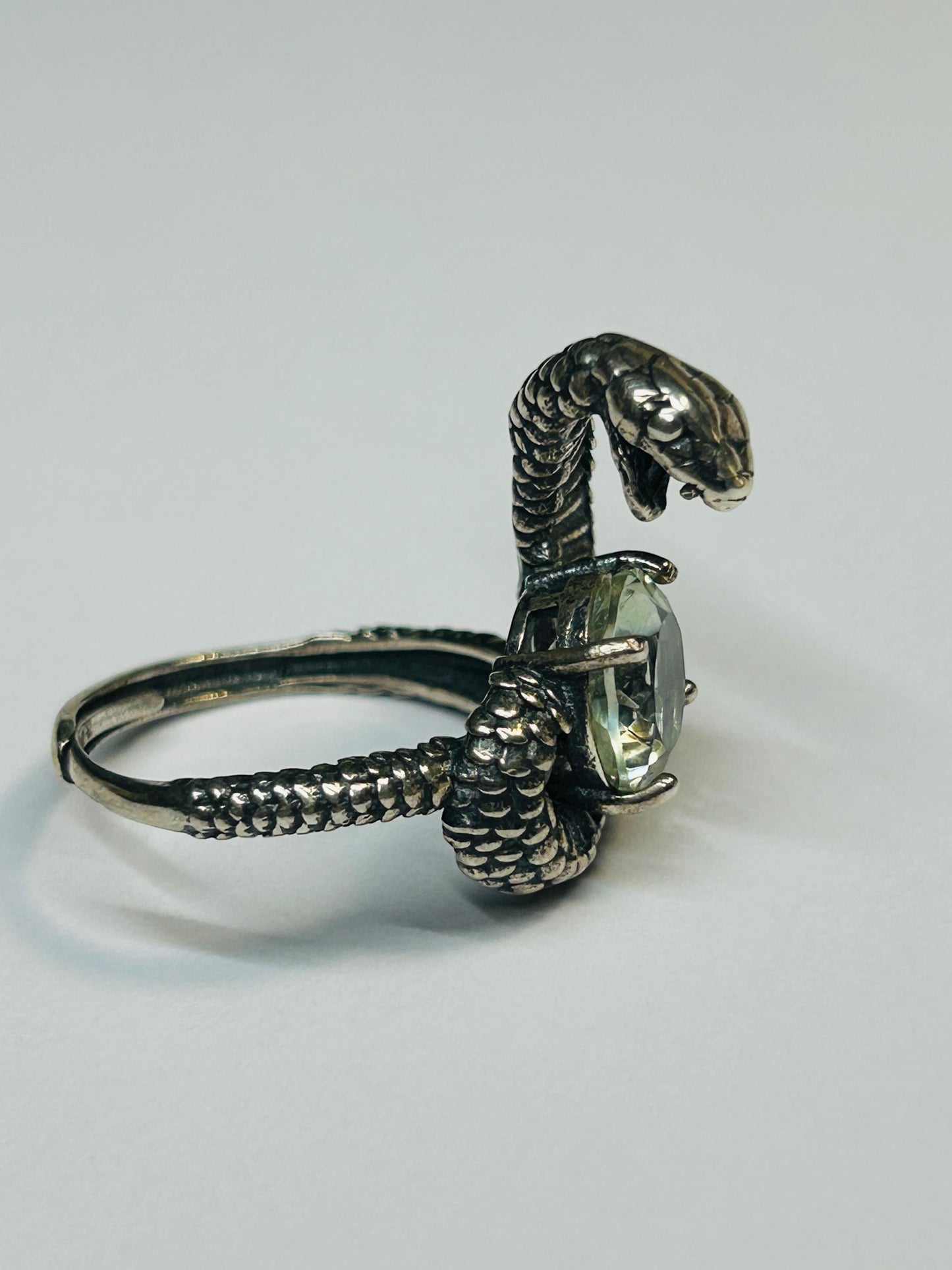 925 Silver Snake Ring with Green Quartz - Adjustable Serpent Jewellery - Gift Boxed