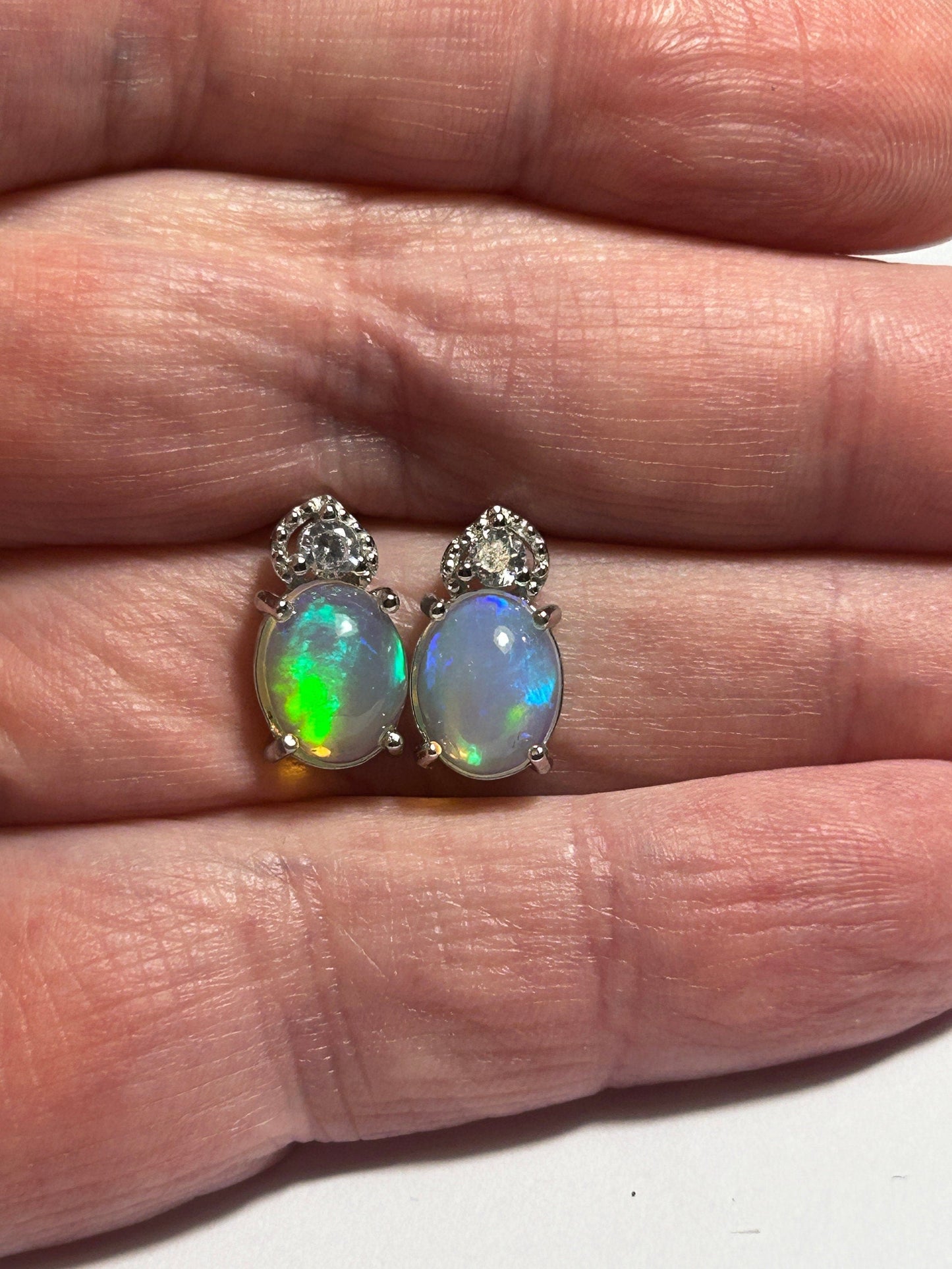 Rainbow Opal Stud Earrings with CZ Accents • 925 Sterling Silver • Gift Box