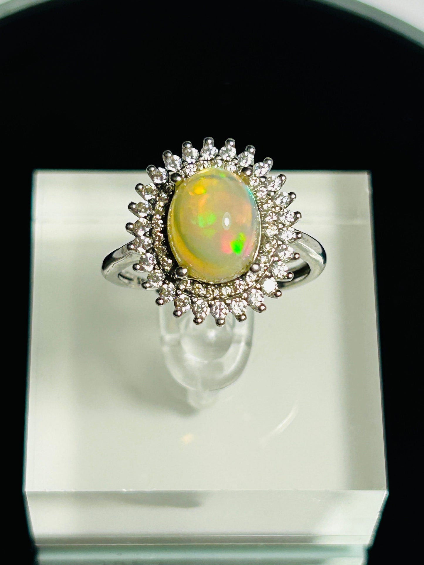 Stunning Rainbow Opal Ring with CZ Surround • 925 Sterling Silver • Adjustable • Gift Box