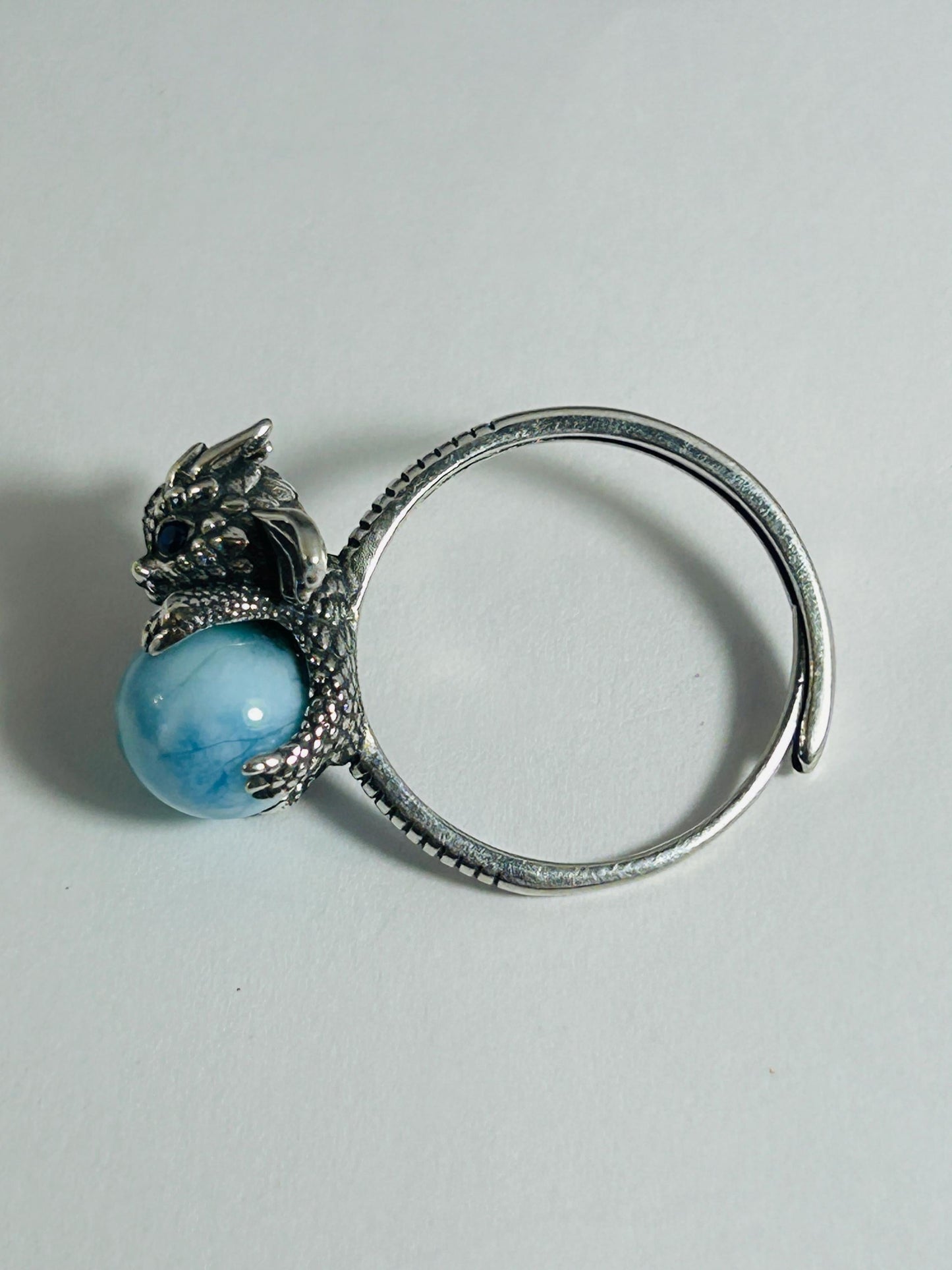 Baby Dragon Ring with Larimar Gemstone • 925 Sterling Silver • Adjustable • Gift box