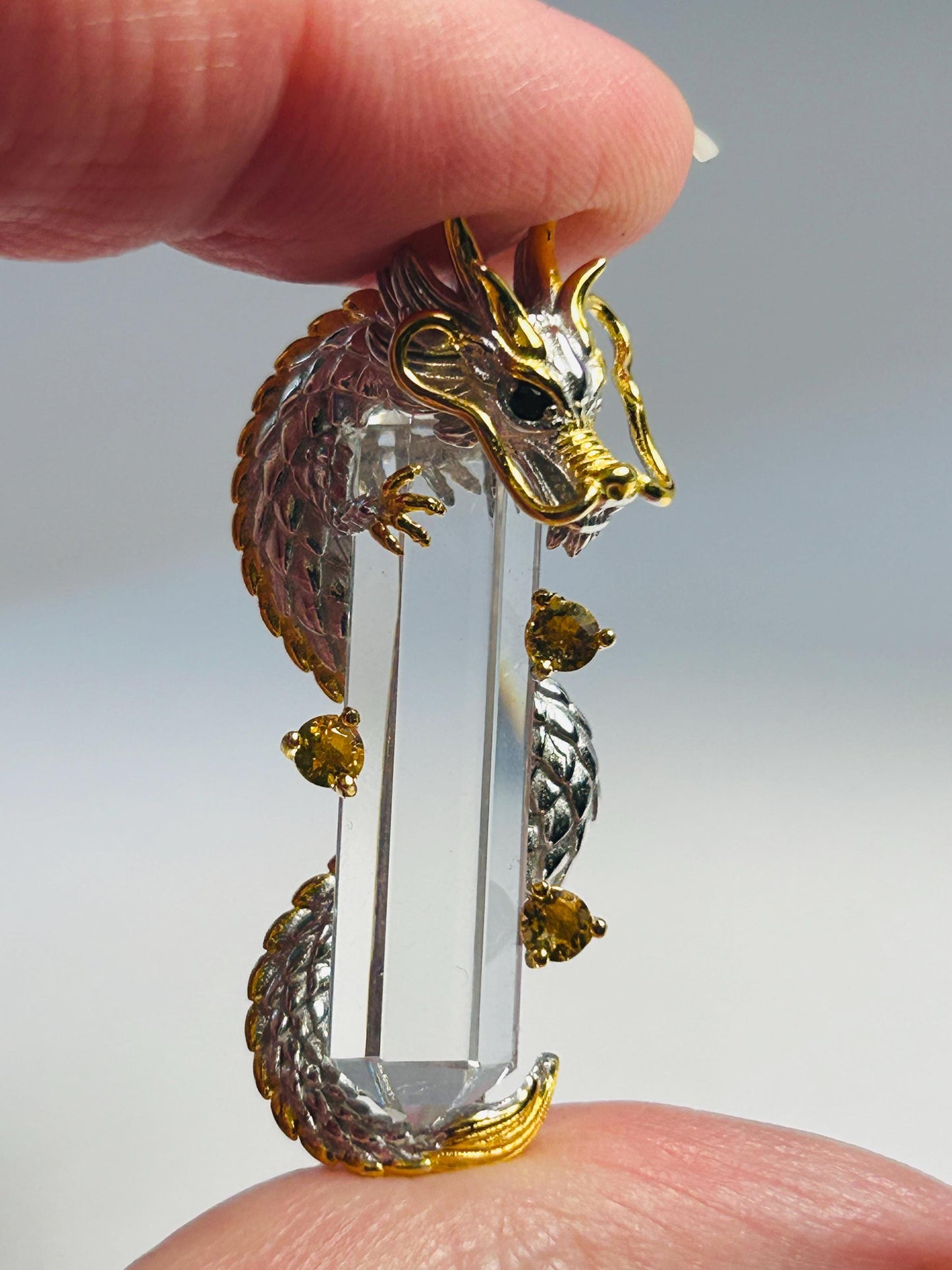 Sterling Silver Dragon Pendant Wrapped Around Clear Quartz Crystal Point - 925 - Gift Boxed