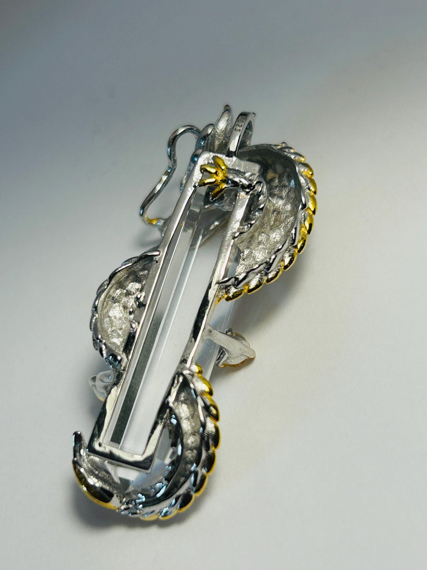 Sterling Silver Dragon Pendant Wrapped Around Clear Quartz Crystal Point - 925 - Gift Boxed