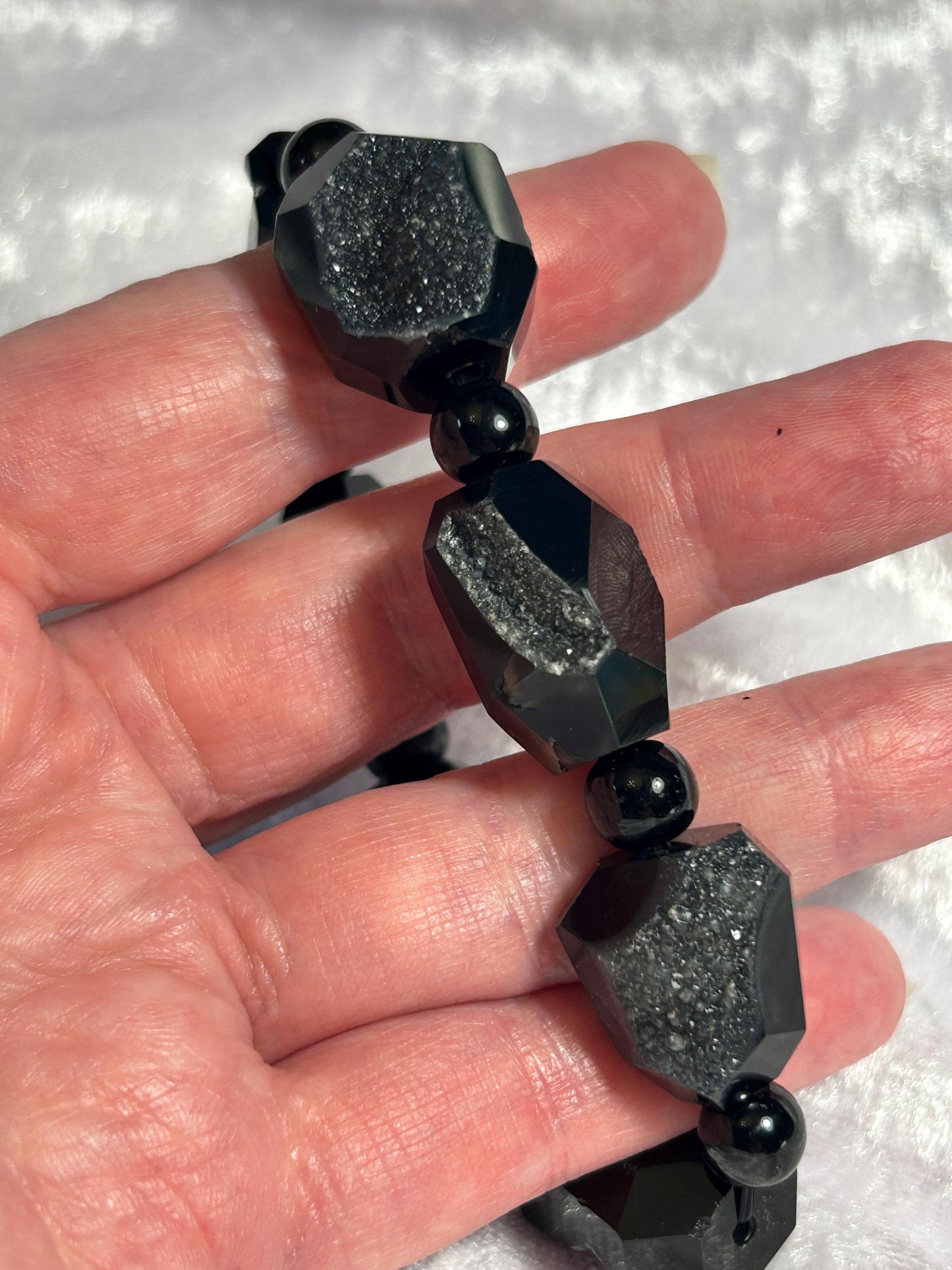 Chunky Black Agate Bracelet: Druzy Gemstone Beaded Jewelry