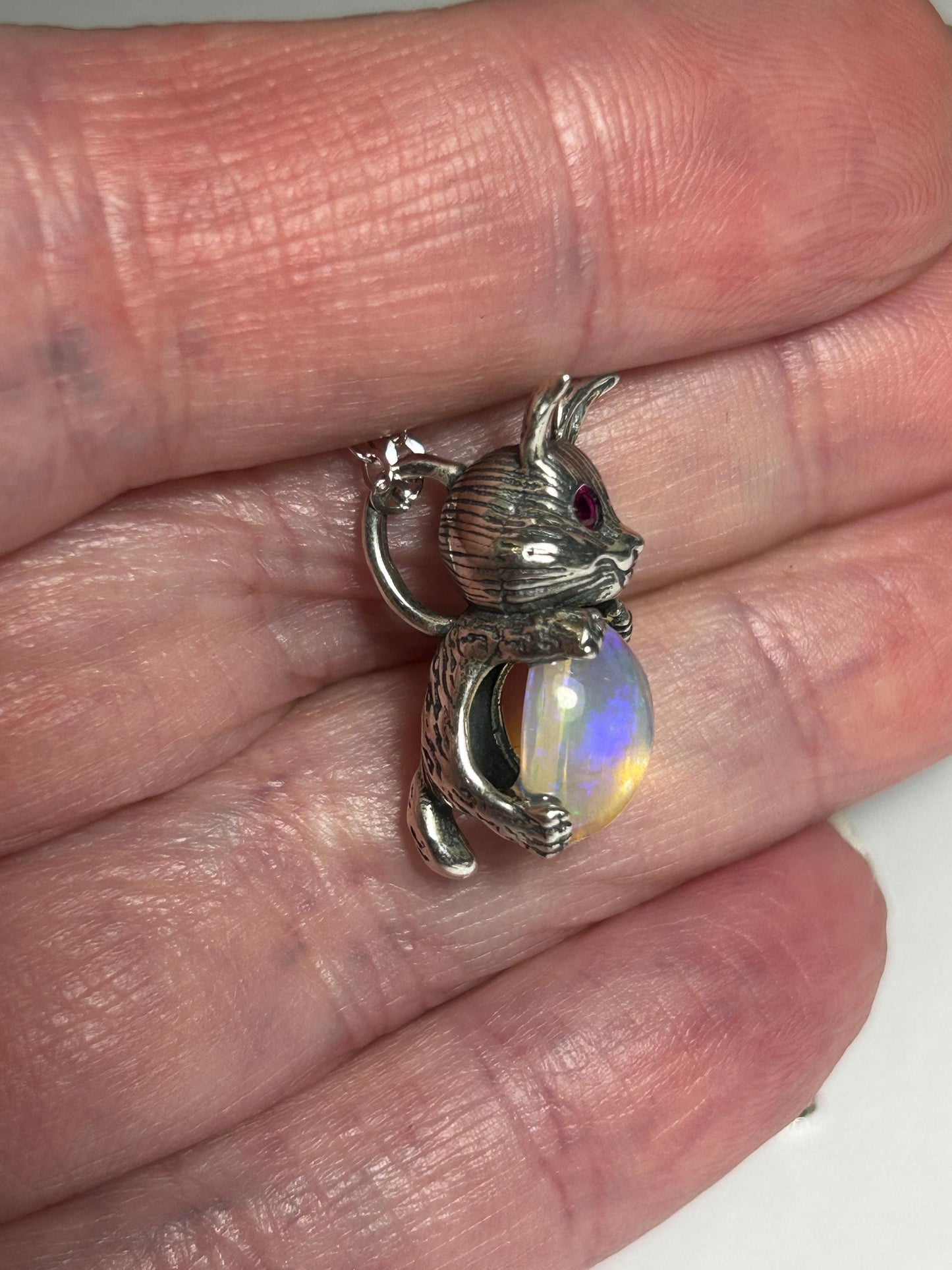 Rabbit Pendant with Opal Gemstone • 925 Sterling Silver • Gift Box
