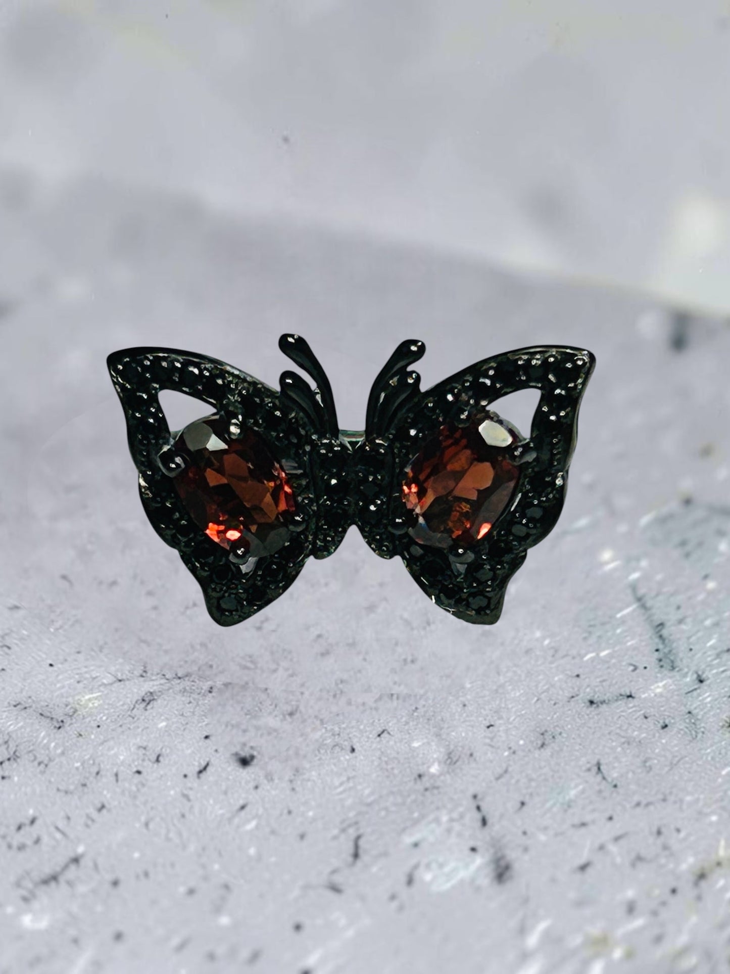 Black Butterfly Ring with Garnet Gemstones • 925 Sterling Silver • Black Ruthenium • Adjustable • Gift Box