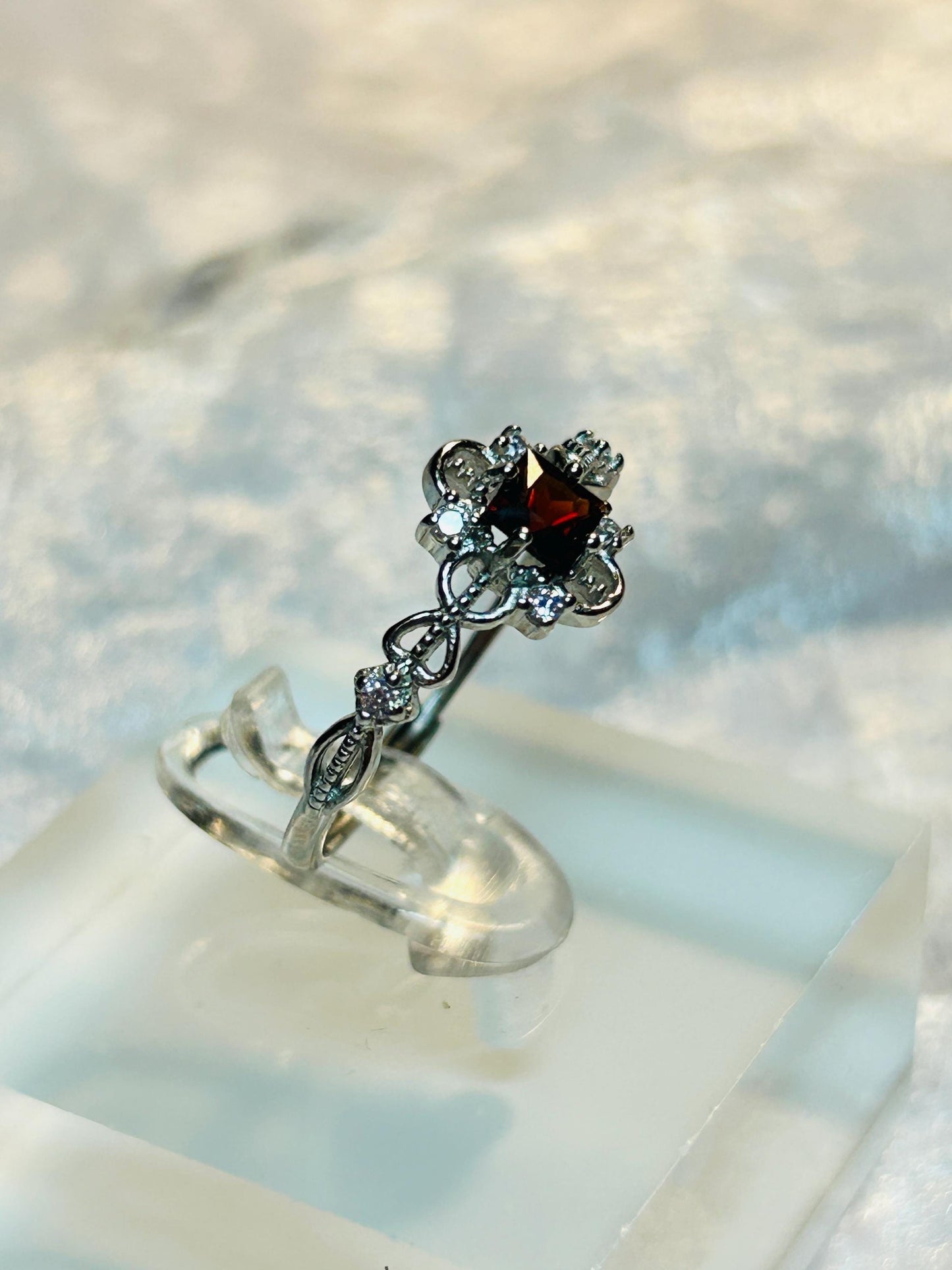Ornate Garnet Ring with CZ Accents • 925 Sterling Silver • Adjustable • Gift Box