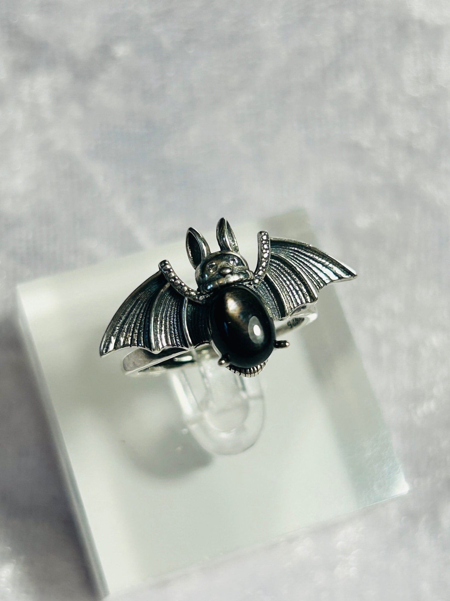Bat Ring with Hypersthene Gemstone • 925 Sterling Silver • Adjustable • Gift box