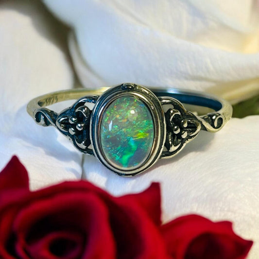 925 Silver Rainbow Opal Ring: Adjustable Triqueta Design