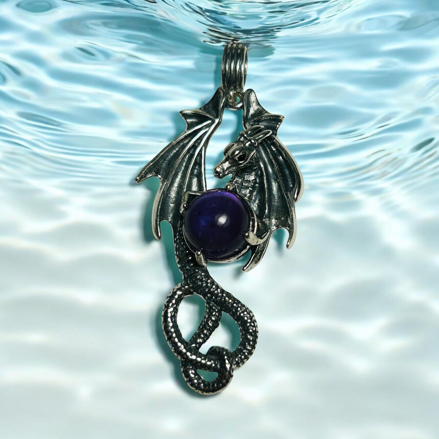 Dragon Pendant with Amethyst Gemstone • 925 Sterling Silver • Gift Box