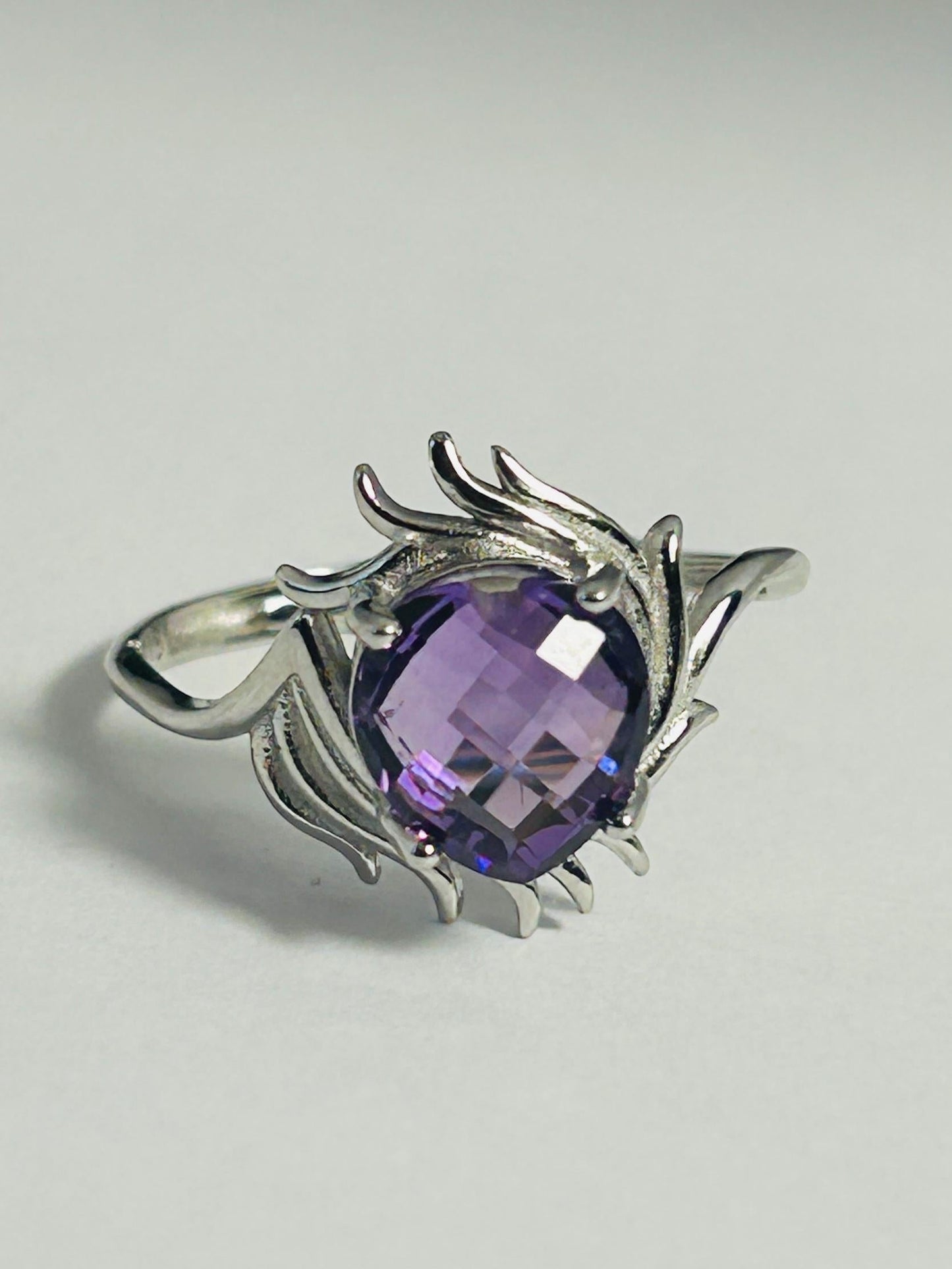 Faceted Amethyst Ring • 925 Sterling Silver • Adjustable • Gift box