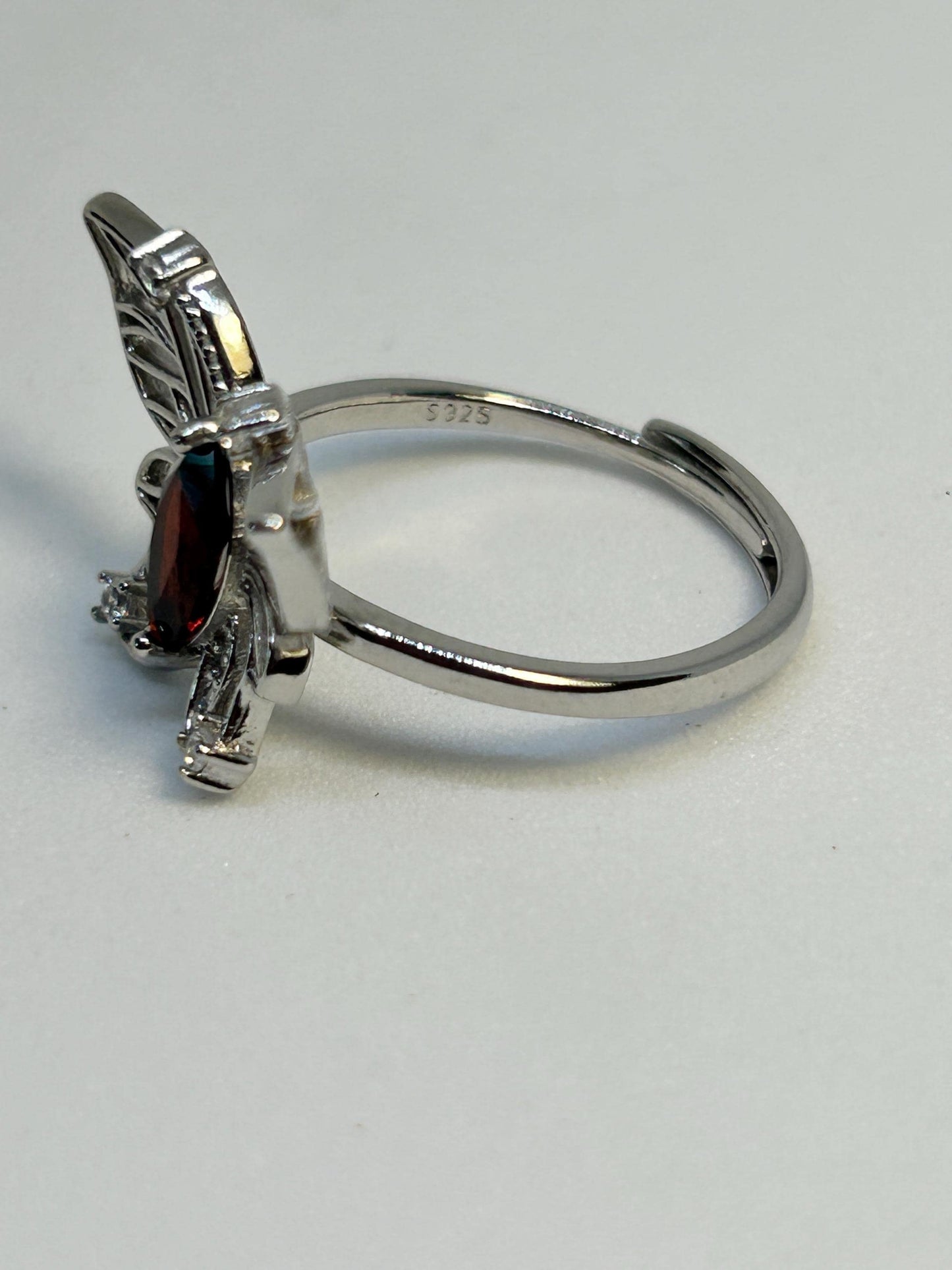 Ornate Butterfly Ring with Faceted Garnet Gemstone & CZ Accents • 925 Sterling Silver • Adjustable • Gift-box