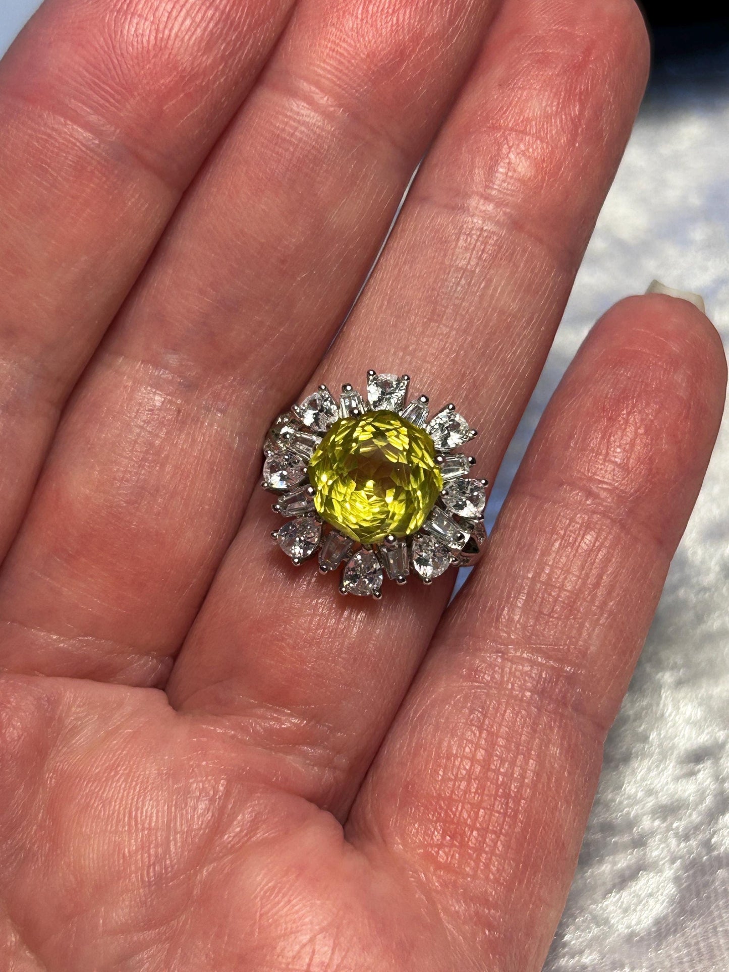 Crystal Daisy Ring with Rose Cut Lemon Citrine Gemstone & CZ Petals • 925 Sterling Silver • Adjustable • Gift Box