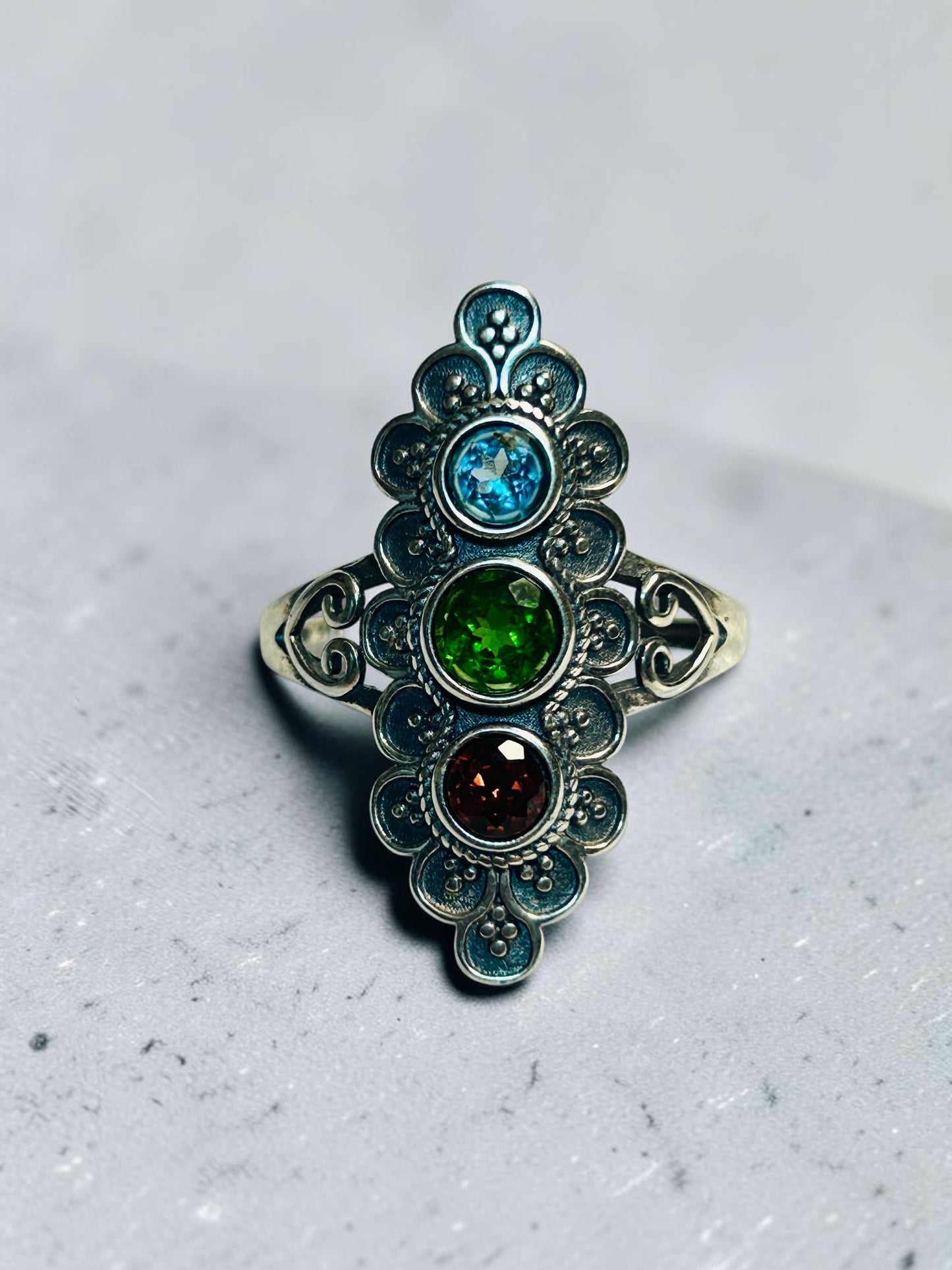 Ornate Triple Gemstone Ring with Garnet, Diopside & Topaz • 925 Sterling Silver • Adjustable • Gift Box