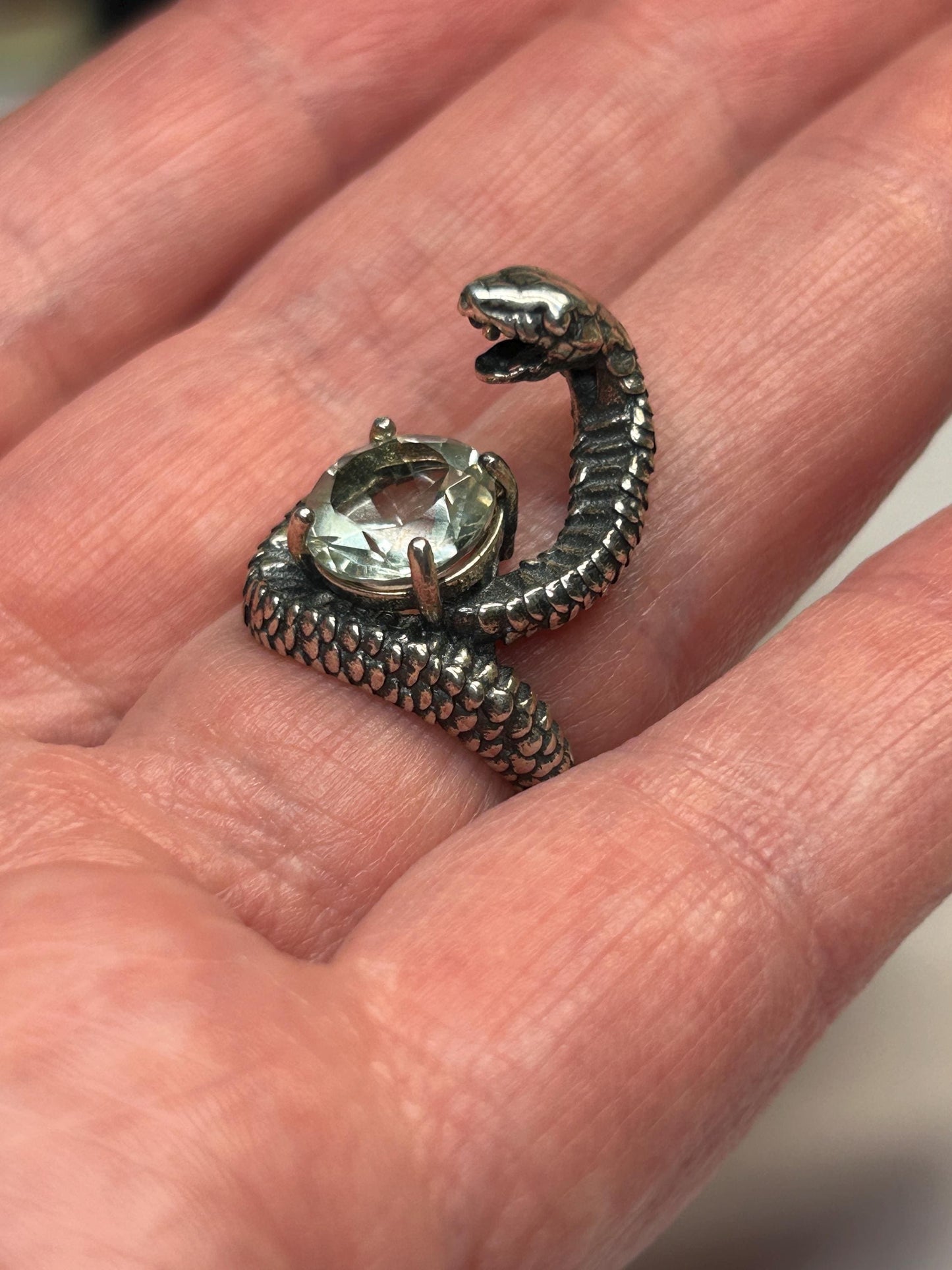 925 Silver Snake Ring with Green Quartz - Adjustable Serpent Jewellery - Gift Boxed