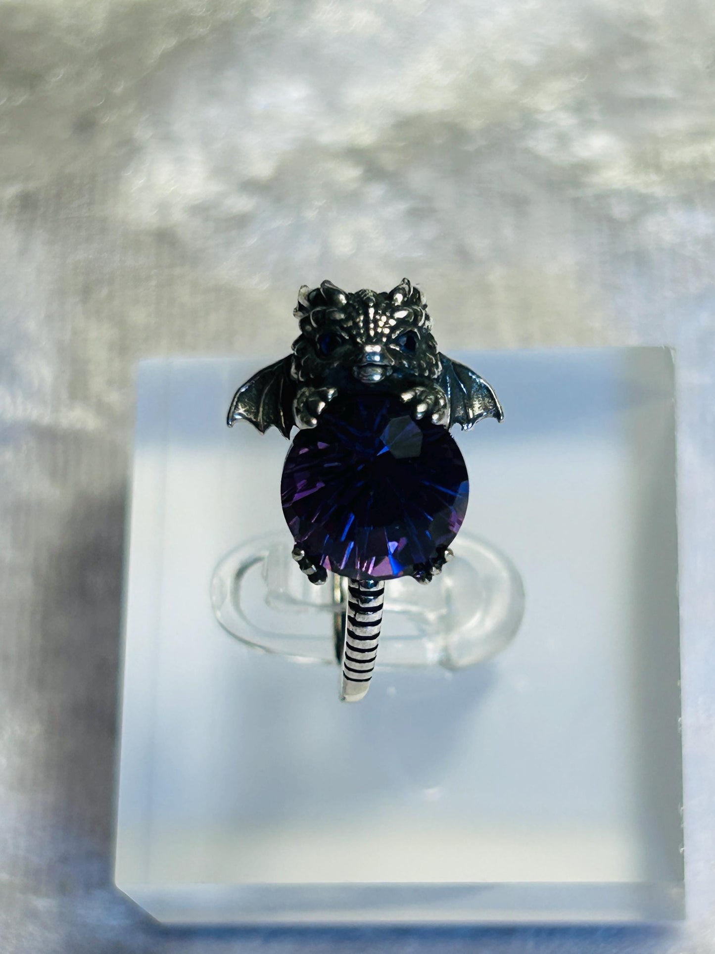 Baby Dragon Ring with Faceted Amethyst Gemstone • Adjustable • Gift Box