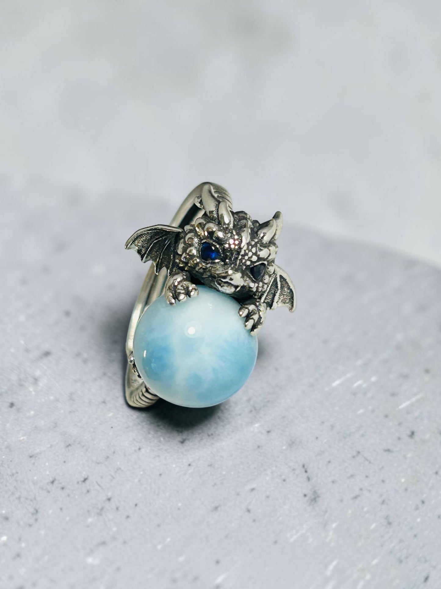 925 Silver Larimar Dragon Ring • Adjustable • Giftbox