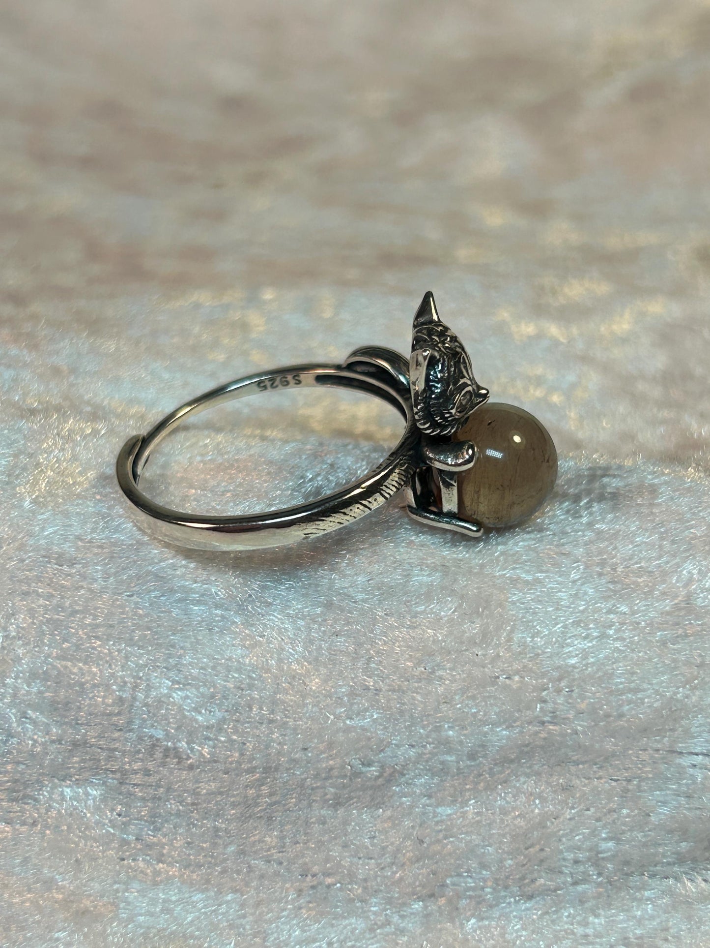 Cute Fox Ring with Rabbit Hair Quartz Gemstone • 925 Sterling Silver • Adjustable • Gift Box
