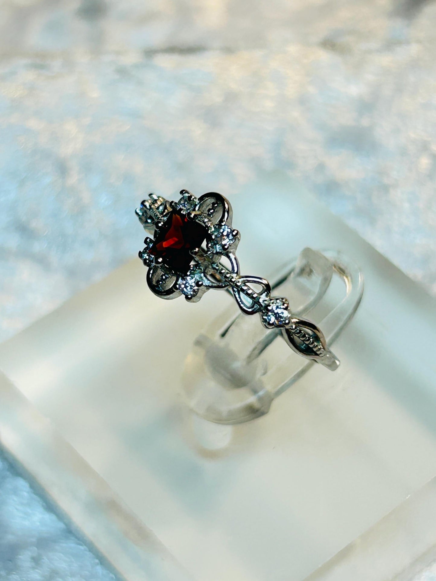 Ornate Garnet Ring with CZ Accents • 925 Sterling Silver • Adjustable • Gift Box