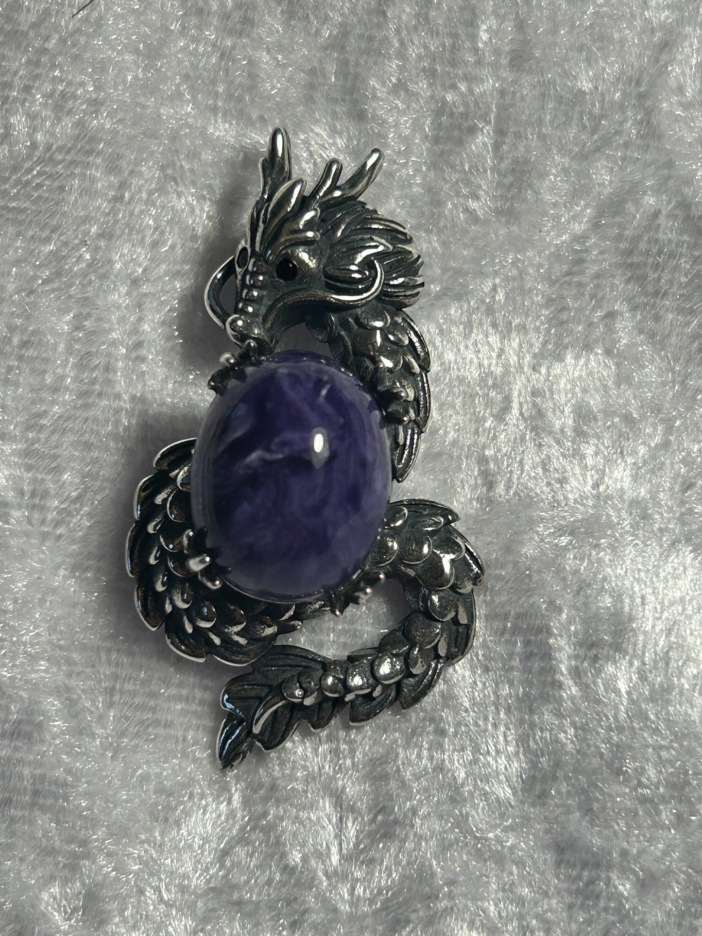 Dragon Pendant with Charoite Gemstone • 925 Sterling Silver • Gift Box