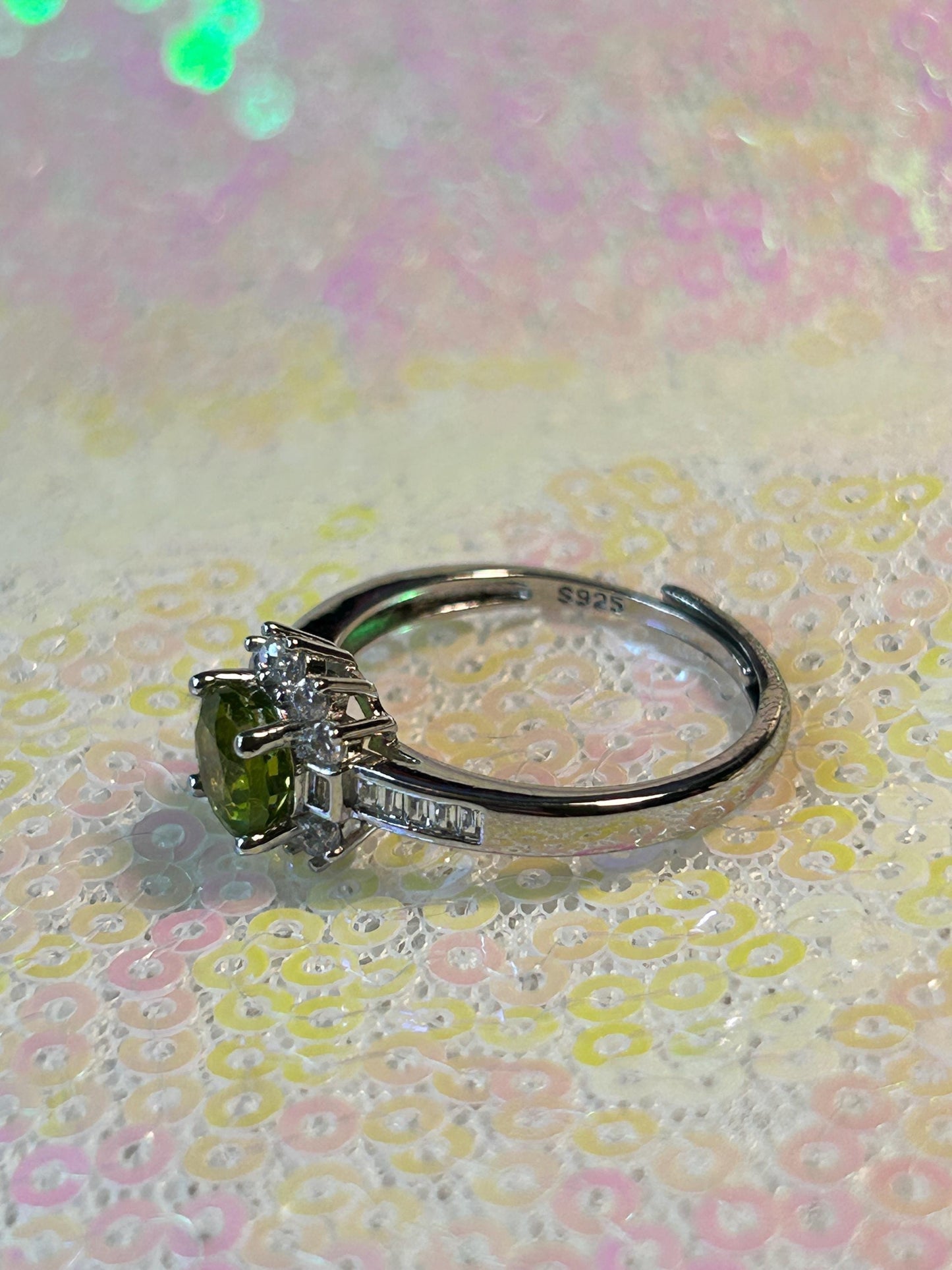 Gemstone Cluster Ring with Faceted Peridot & Baguette CZ• 925 Sterling Silver • Adjustable • Gift Box
