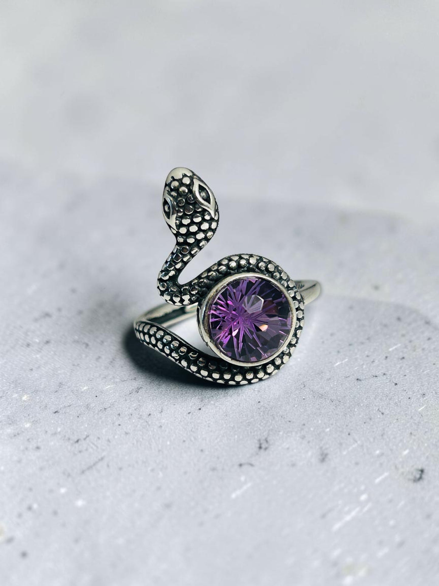 Snake Ring with Faceted Amethyst Gemstone • 925 Sterling Silver • Adjustable • Gift Box