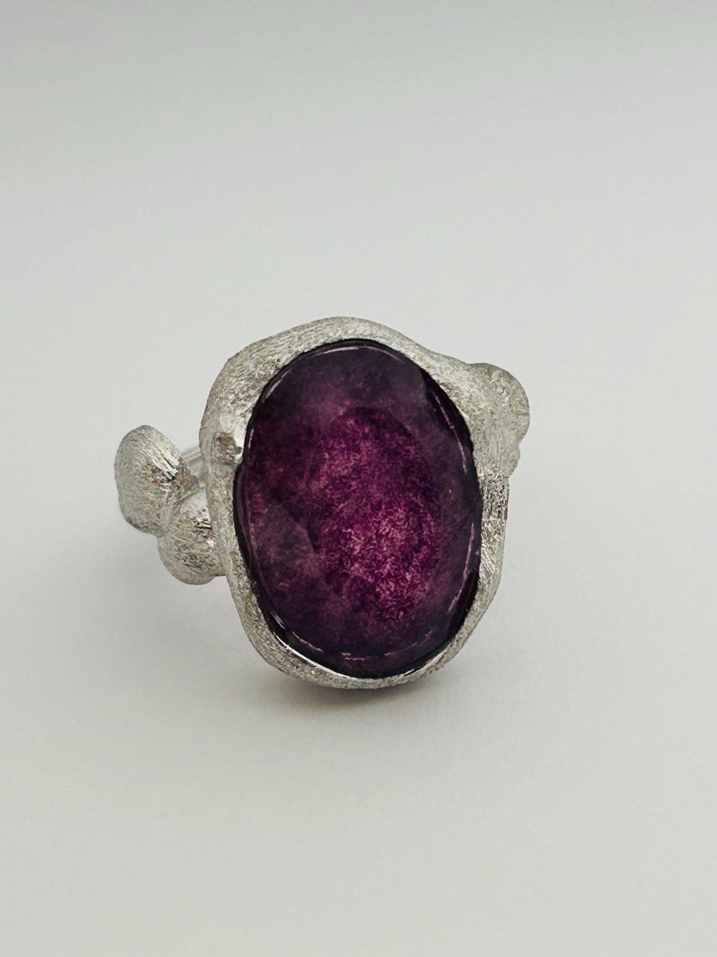Textured Mens Ring with Purple Fluorite Gemstone • 925 Sterling Silver • Adjustable • Gift Box