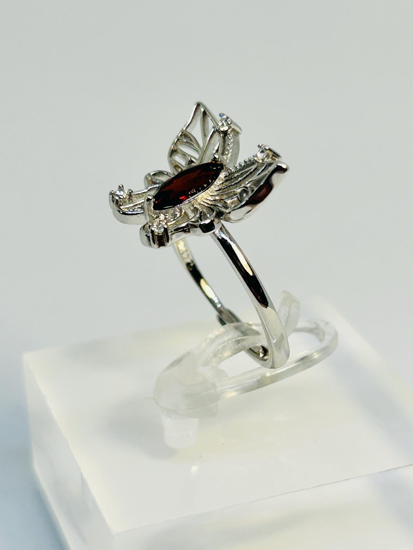 Ornate Butterfly Ring with Faceted Garnet Gemstone & CZ Accents • 925 Sterling Silver • Adjustable • Gift-box