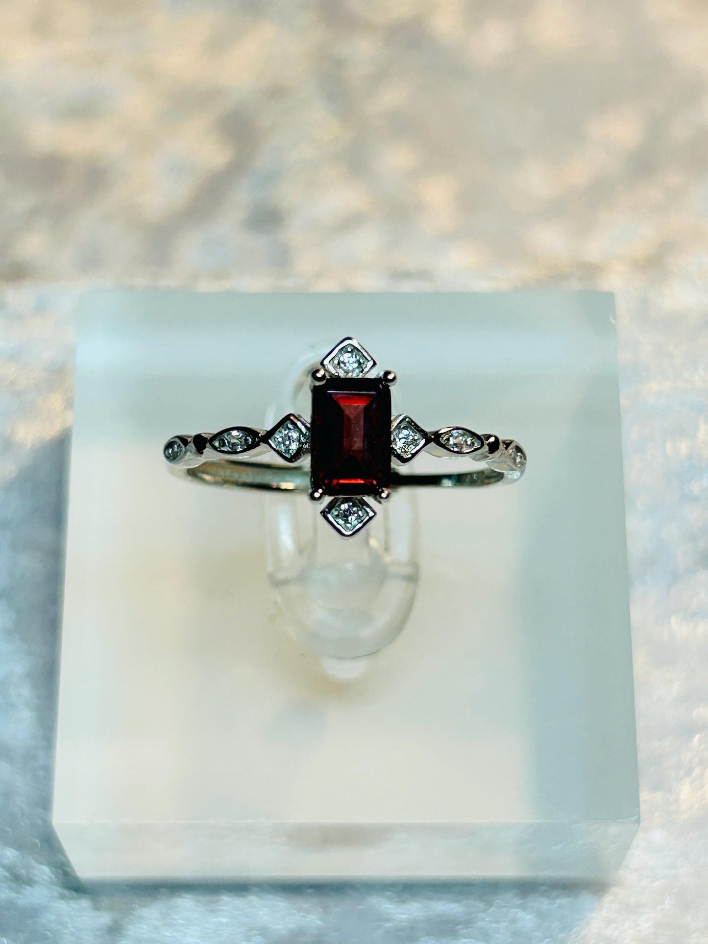 Ornate Garnet Ring with CZ Accents • 925 Sterling Silver • Adjustable • Gift Box