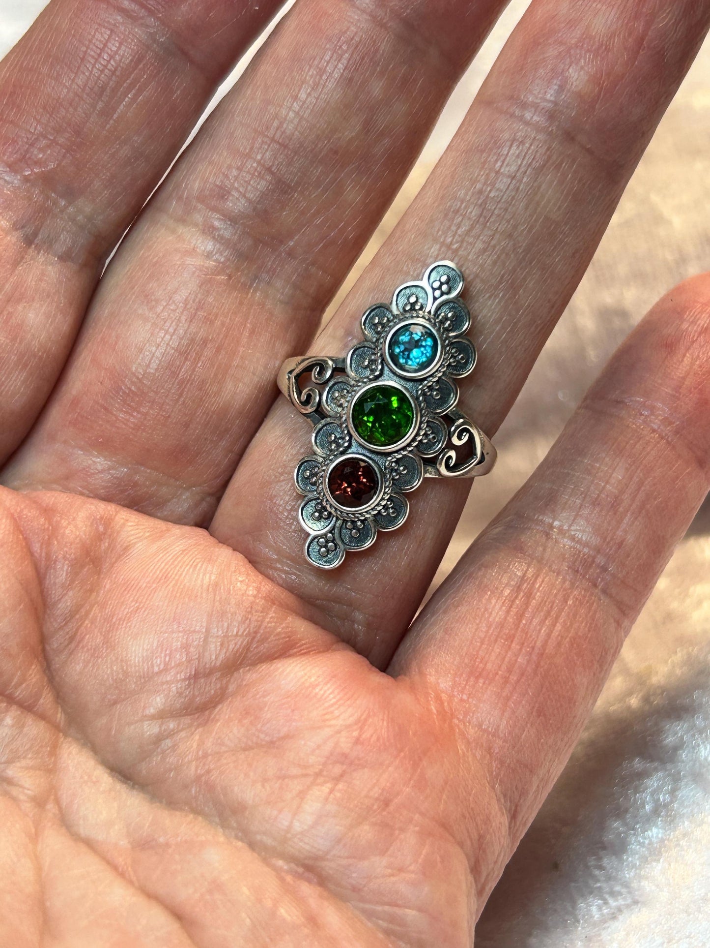 Ornate Triple Gemstone Ring with Garnet, Diopside & Topaz • 925 Sterling Silver • Adjustable • Gift Box