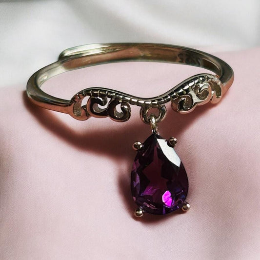Sterling Silver Ring With Amethyst Dropper - Adjustable - 925 - Gift Boxed