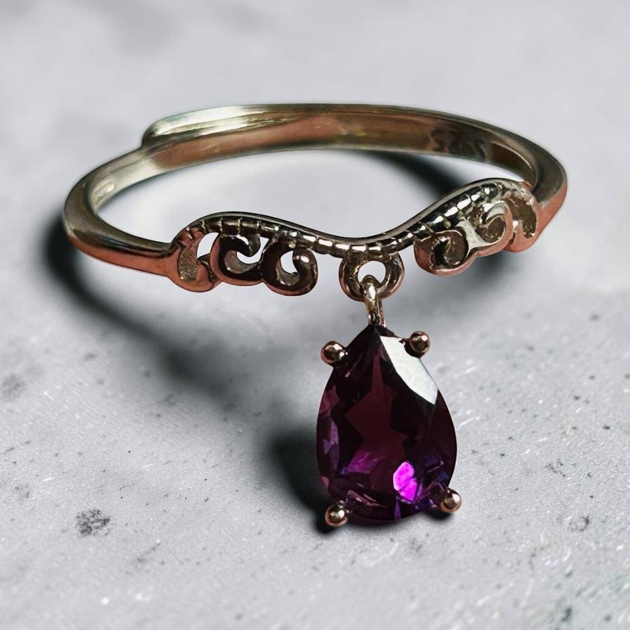 Ornate Stacking Ring with Amethyst Gemstone Dropper • 925 Sterling Silver • Adjustable • Gift box