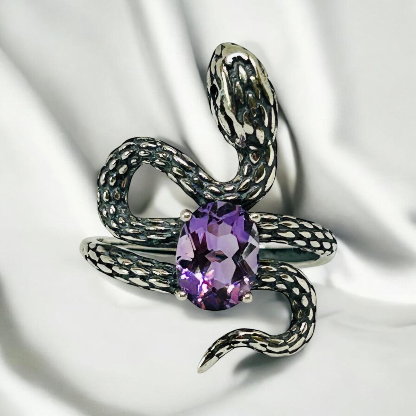 Snake Ring with Amethyst Gemstone • 925 Sterling Silver • Adjustable • Gift Box