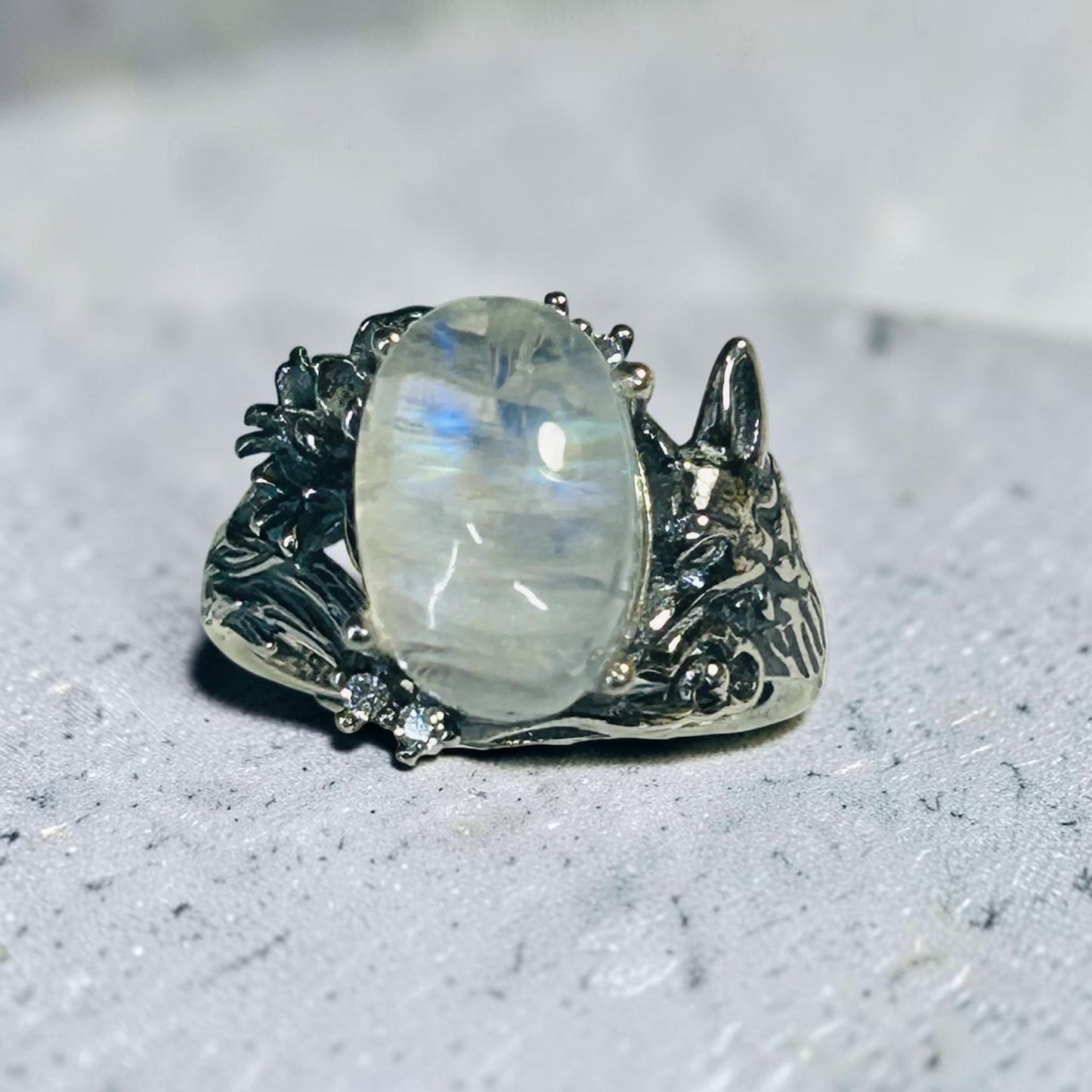 925 Silver Moonstone Ring • Fox Design • Adjustable • Giftbox