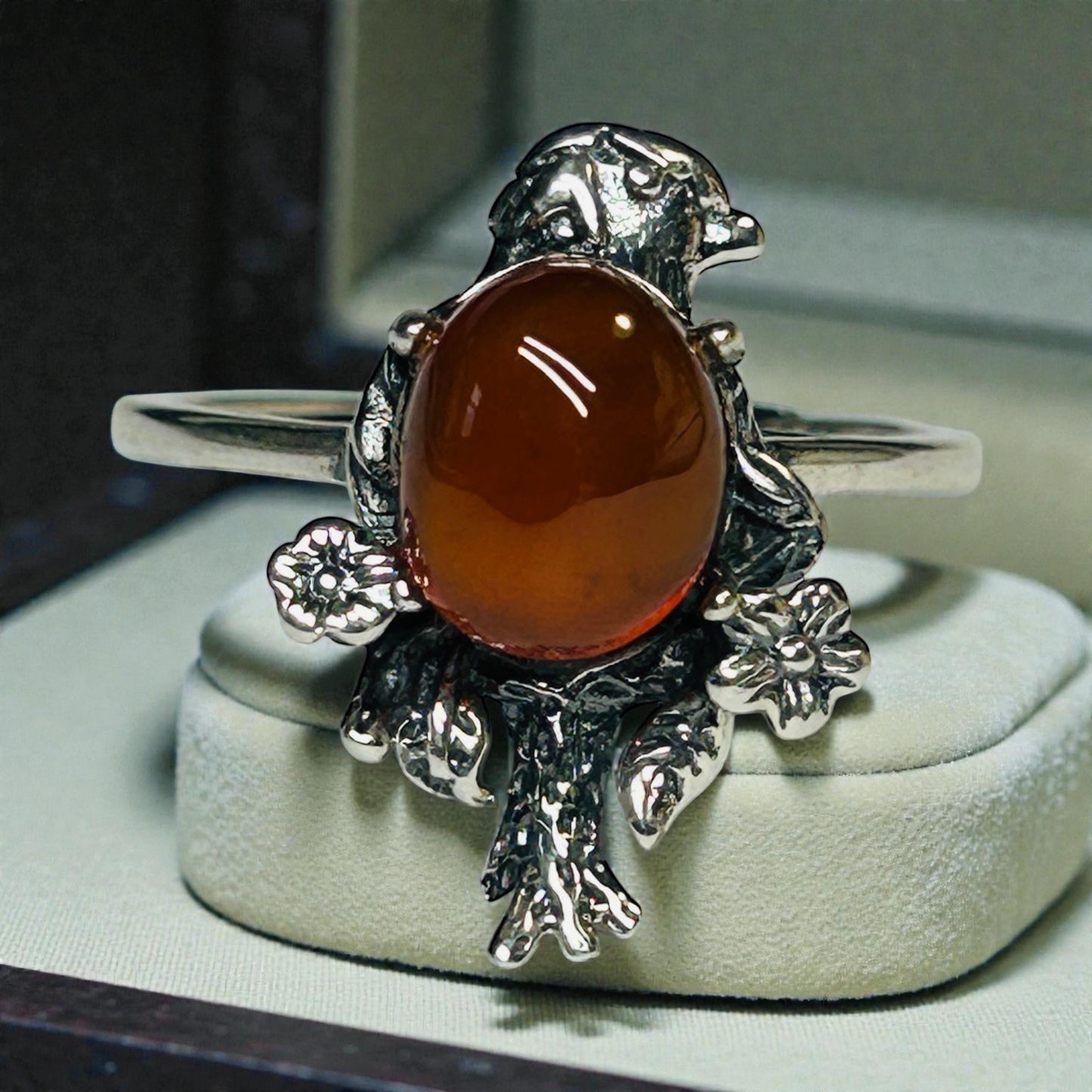 Bird Ring with Garnet Gemstone • Adjustable 925 Sterling Silver with Gift Box