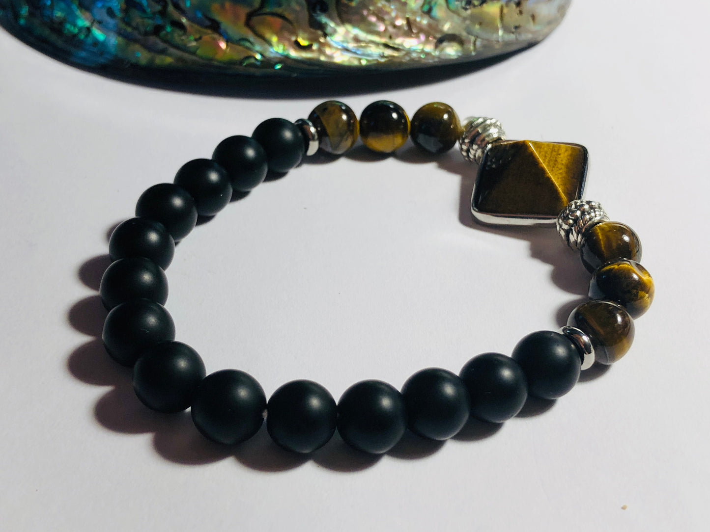 Tigers Eye Pyramid Bracelet: Matte Black Agate & Golden Beads