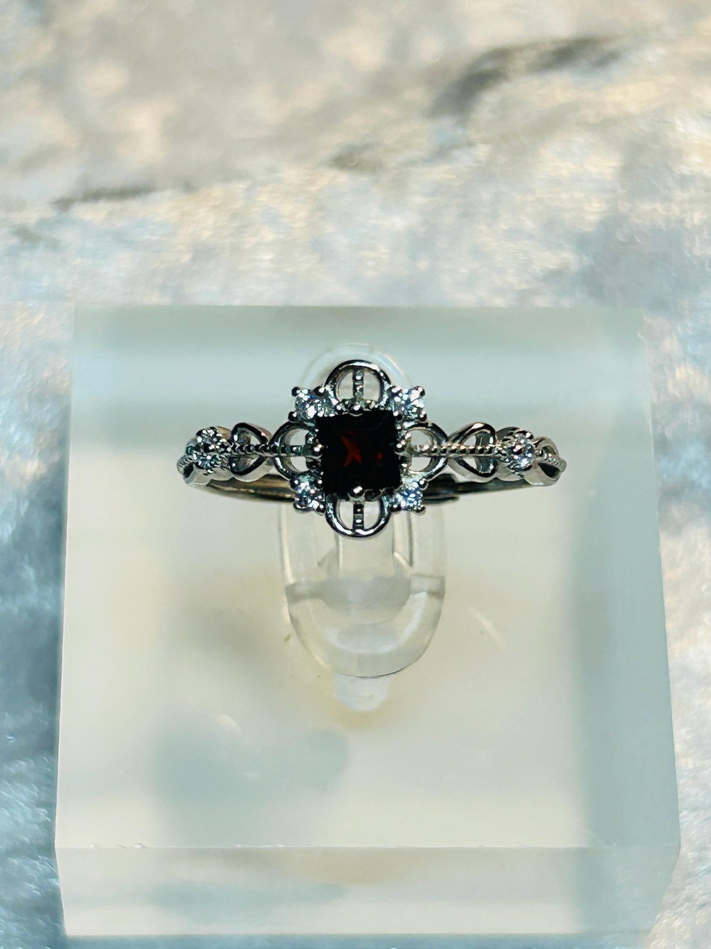 Ornate Garnet Ring with CZ Accents • 925 Sterling Silver • Adjustable • Gift Box