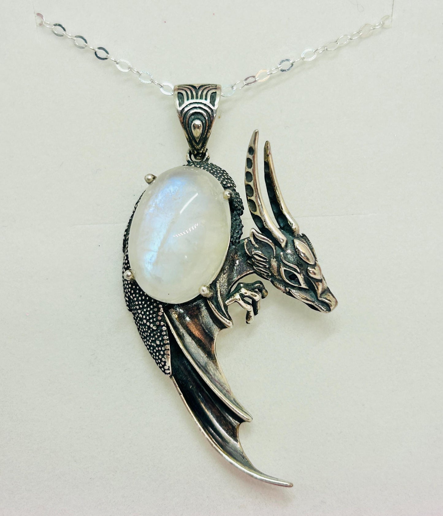 Dragon Pendant with Moonstone Gemstone • 925 Sterling Silver • Gift box