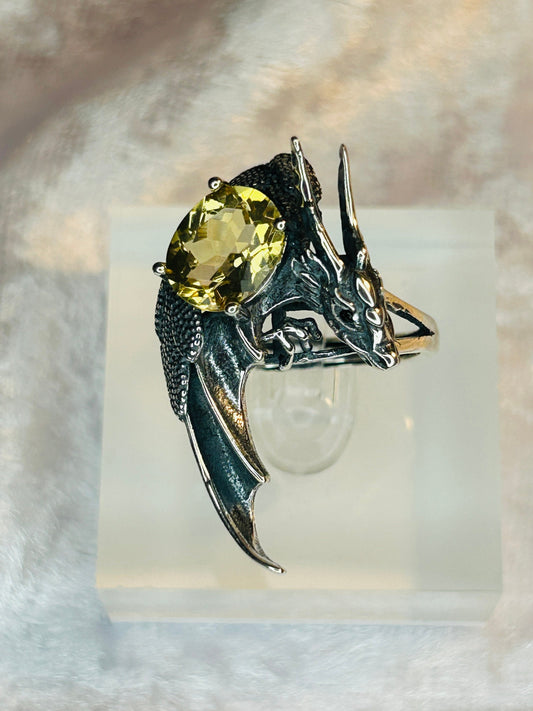 925 Sterling Silver Dragon Ring: Citrine Gemstone, Adjustable Band