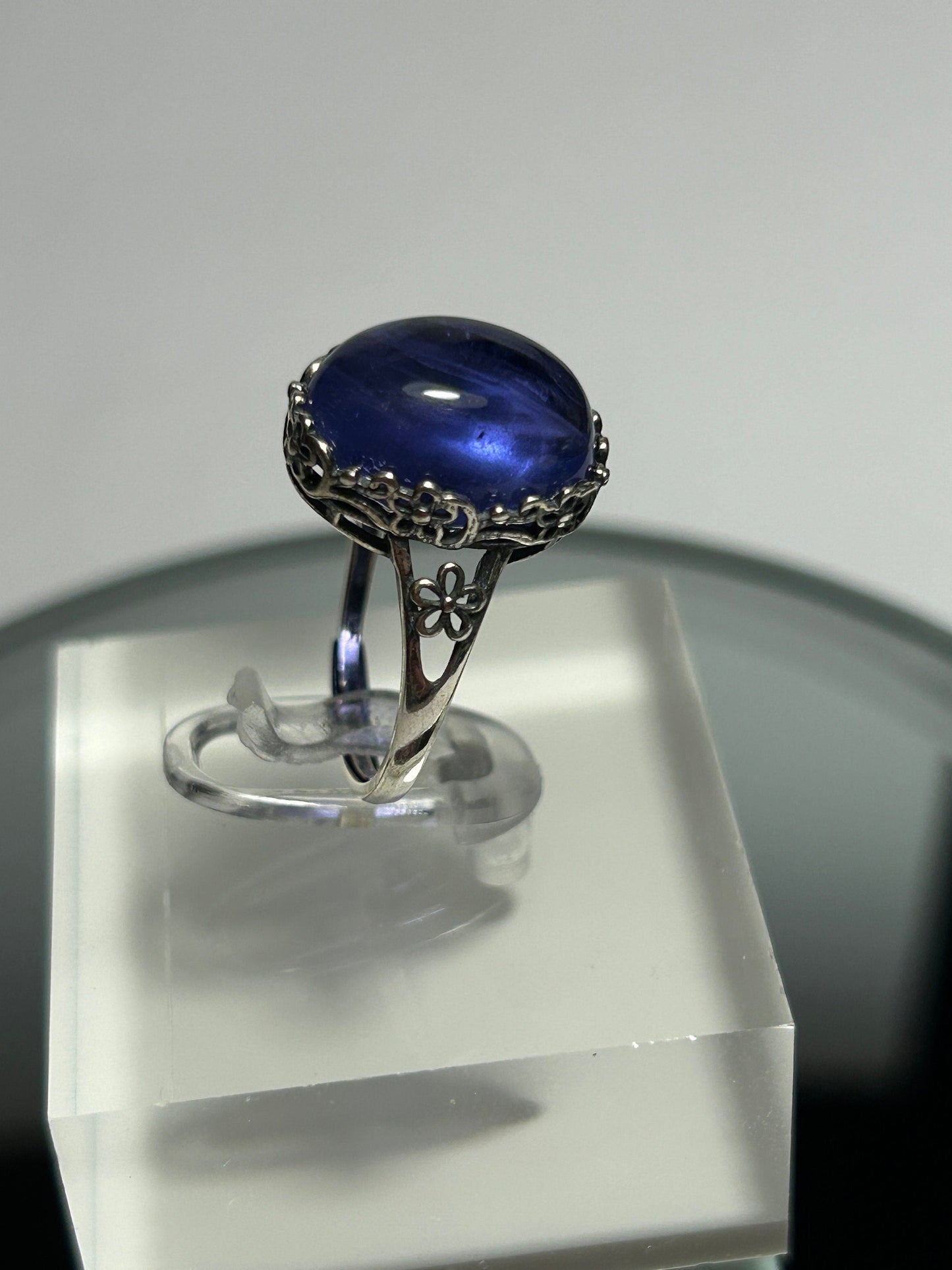 Blue Fluorite Ring • Oval Gemstone • 925 Sterling Silver • Adjustable • Gift Box