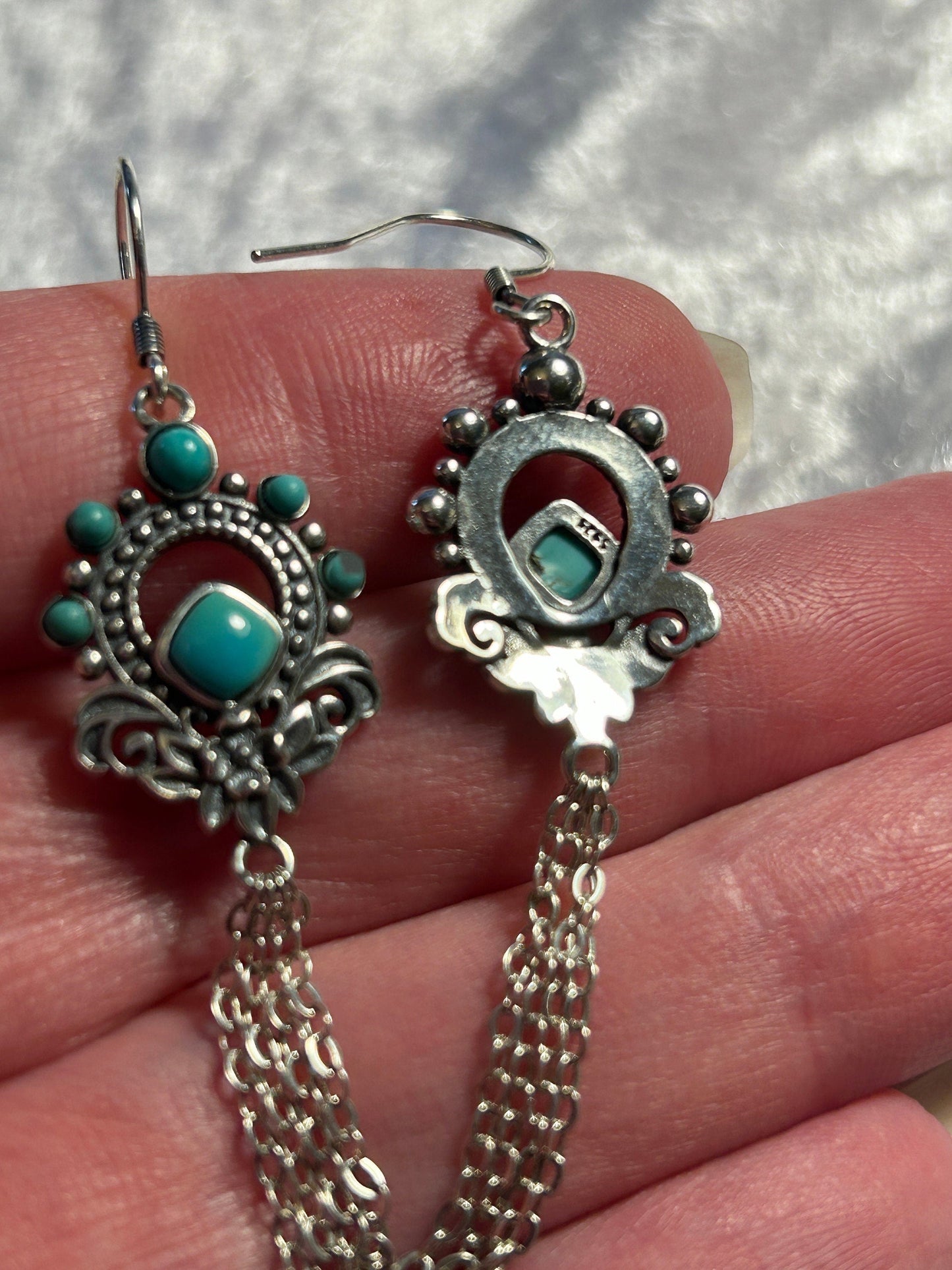 Ornate Dropper Earrings with Turquoise Gemstones • 925 Sterling Silver • Gift Box